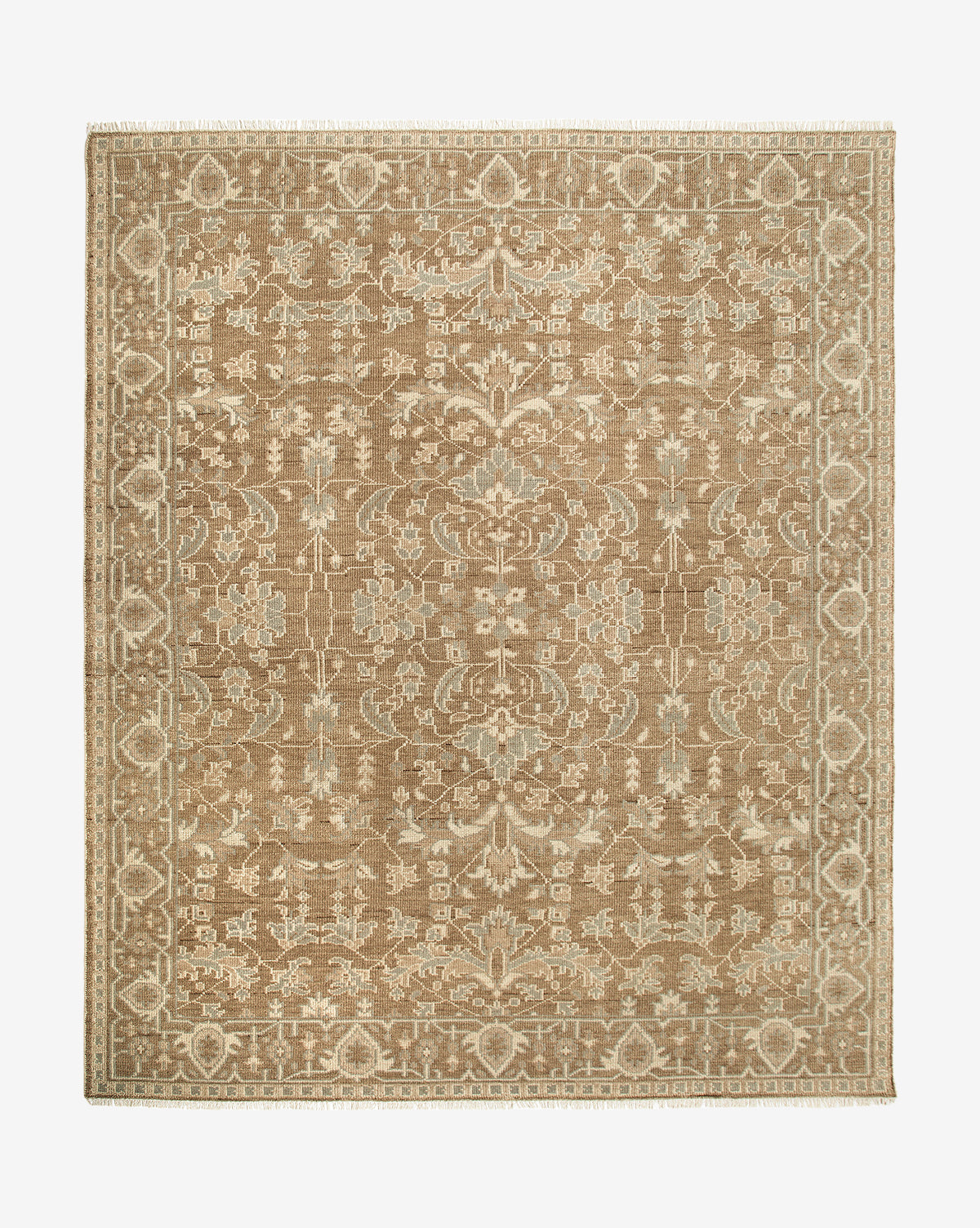 The Wayland Hand-Knotted Wool Rug is a rectangular beige and brown piece with an intricate, symmetrical floral and vine pattern and a decorative border, offering a traditional, vintage-inspired look, by Vendixs
