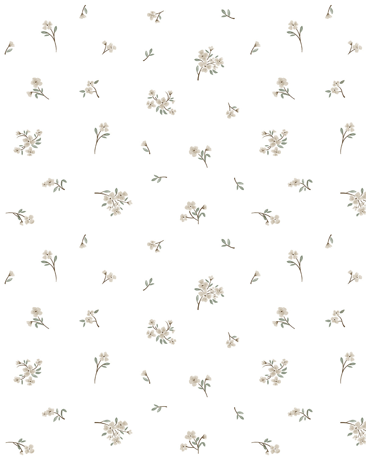The Wembley Floral Wallpaper features small beige flowers and green leaves scattered on a white background, creating a minimalistic and elegant design—a timeless choice for any space, by McGee & Co.