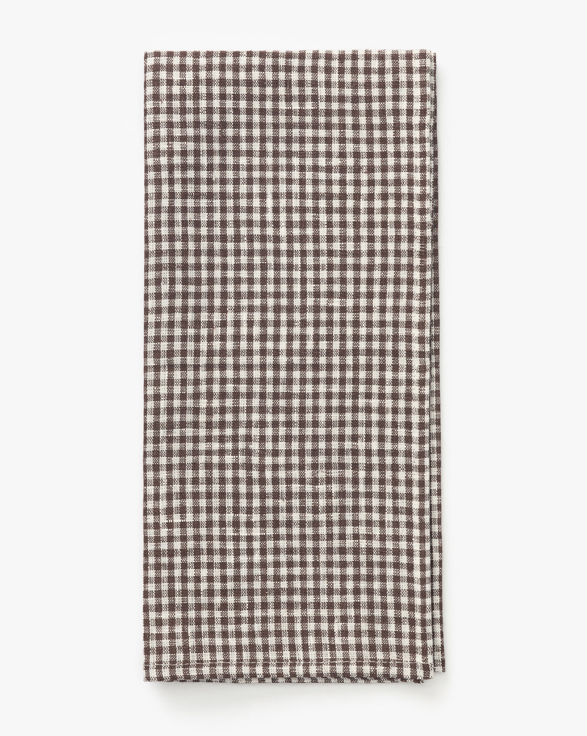 The Westport Linen Tea Towel, featuring a brown and white gingham checkered pattern, is shown folded on a white background, by Vendixs