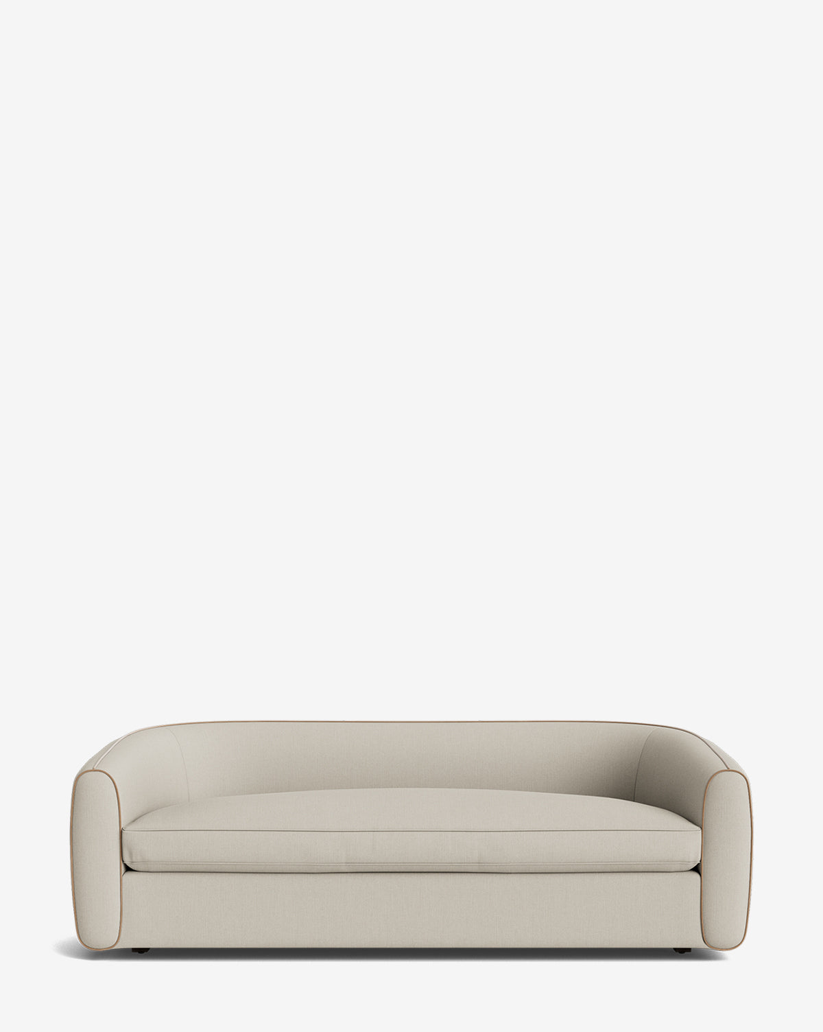 The Wexler Sofa 90 in beige features curved arms, a low backrest, and clean lines. With a smooth upholstered finish and customizable designer fabrics, this modern, minimalist piece stands out against a plain white background, by Vendixs