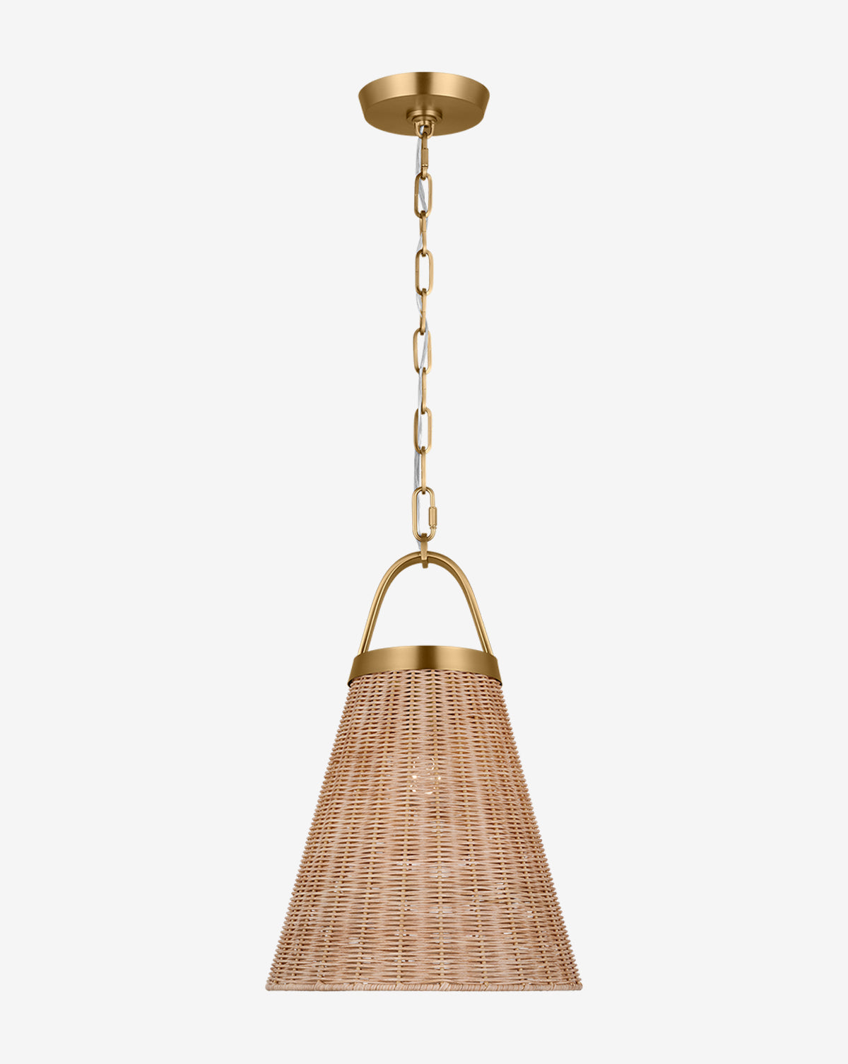 The Whitby Pendant, a modern rattan light with a conical wicker shade and gold chain suspension, adds natural elegance and organic lighting to any room against a simple white backdrop, by Vendixs