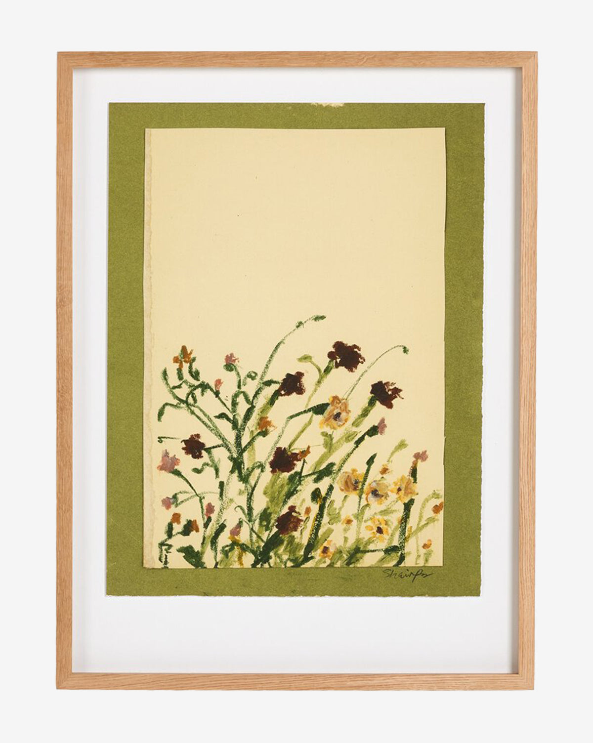 Wildflower Medley by Shaina Page is a framed artwork showcasing watercolor flowers with green stems and vibrant blossoms at the base, set on a pale yellow background with a green border in an elegant oak frame, by Vendixs
