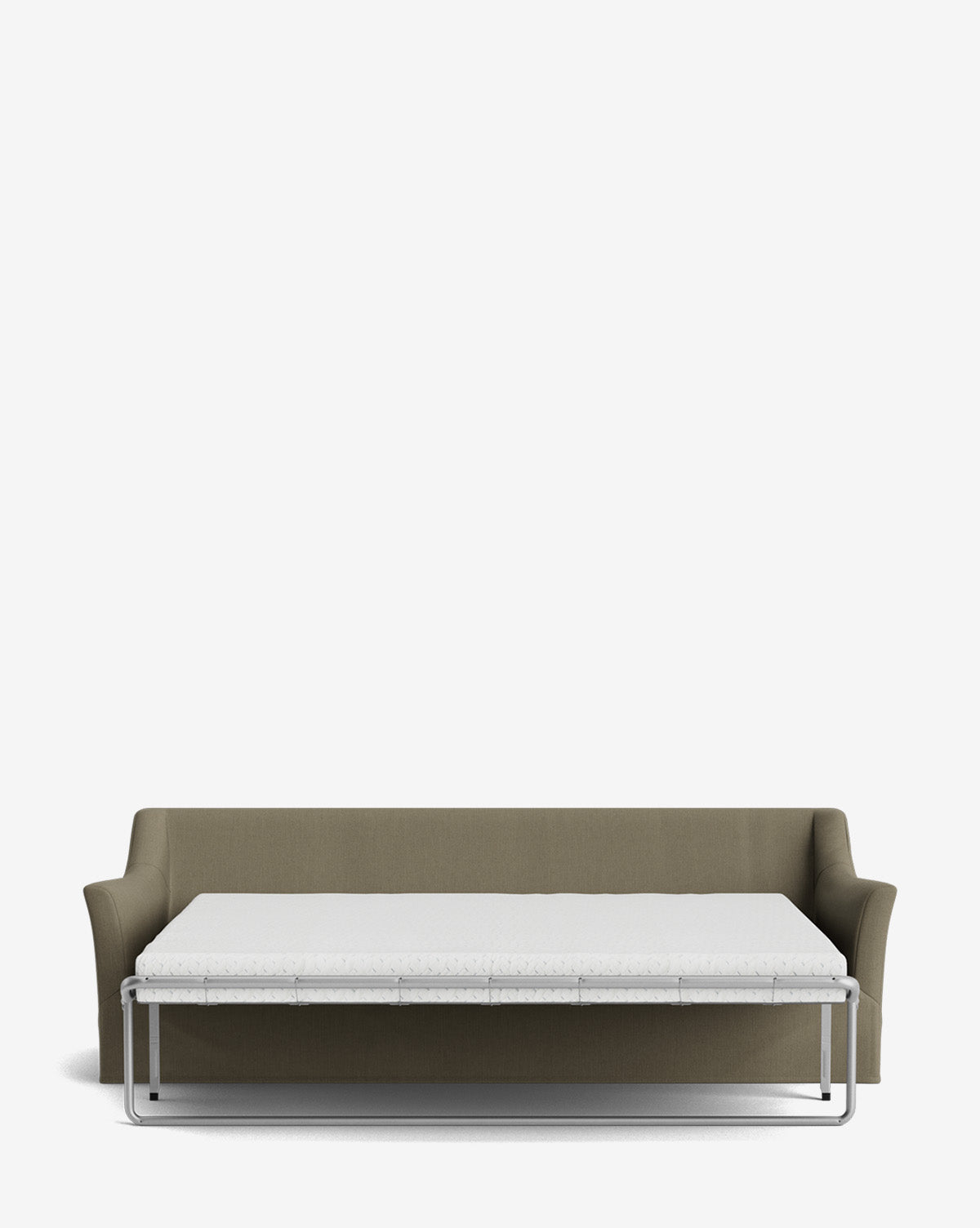 The Wilhelmina Slipcover King Sleeper Sofa in olive green features arms and a modern design, shown from the front with the bed extended. A white mattress rests on a metal frame, all set against a plain white background to showcase its sleek look, by Vendixs