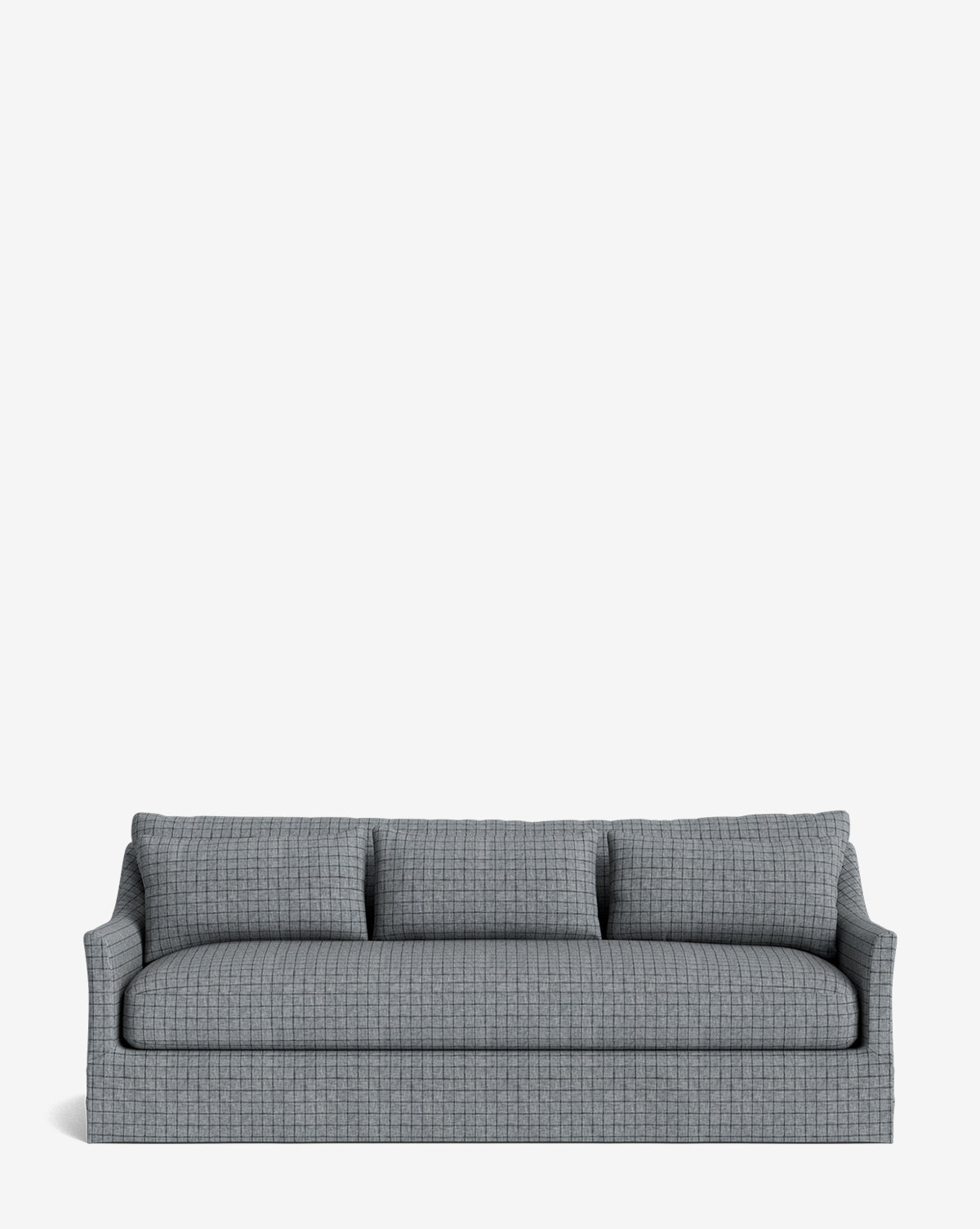 The Wilhelmina Classic Slipcover Sofa (85-110) is a gray, three-cushion traditional sofa with a subtle checkered pattern, three backrest pillows, and slightly flared armrests, shown against a plain white background by McGee & Co.