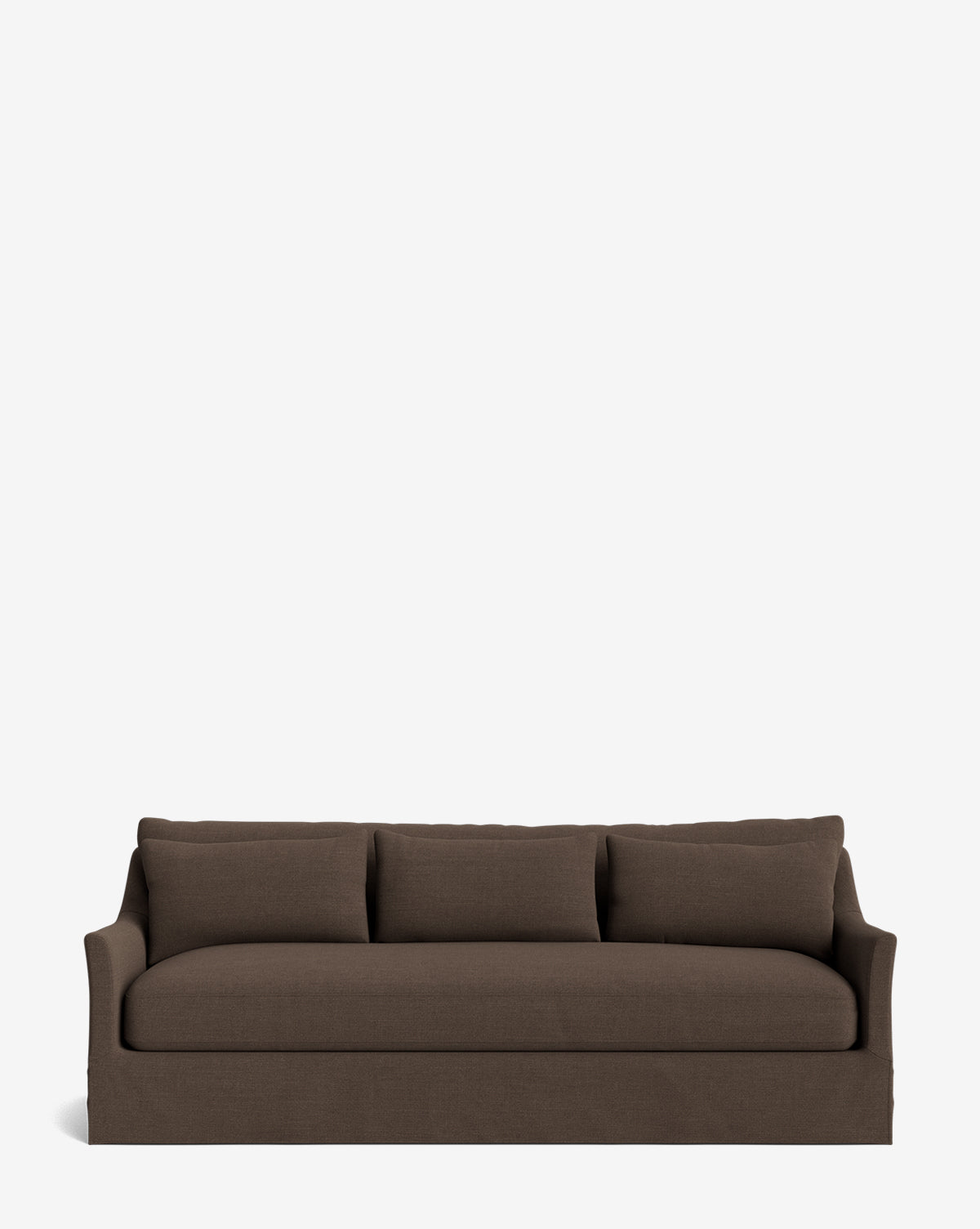 The Wilhelmina Classic Slipcover Sofa (85-110) is a dark brown, three-seat sofa with a modern, simple design and three back cushions, offering luxurious seating against a plain white background by McGee & Co.