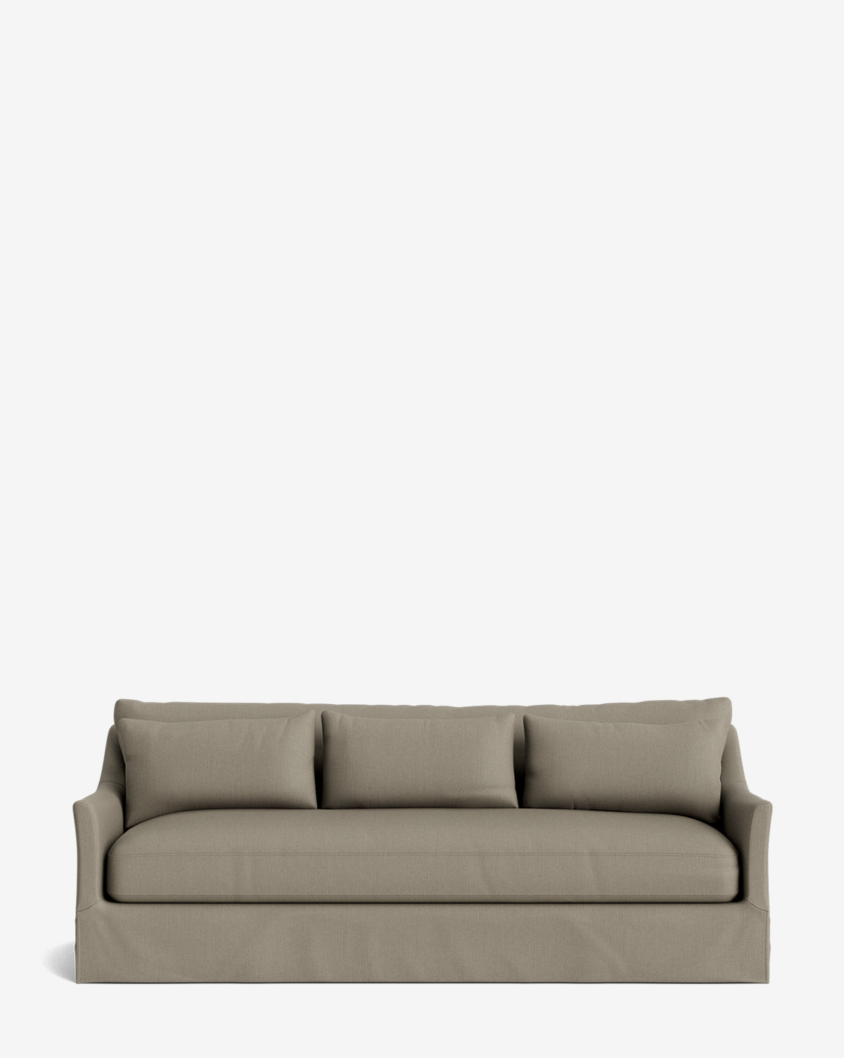 The Wilhelmina Classic Slipcover Sofa (85-110) is a modern, light brown sofa featuring three seat cushions and matching back pillows. Its tailored, minimalist design with straight arms offers luxurious comfort and effortless style against a white background, by Vendixs
