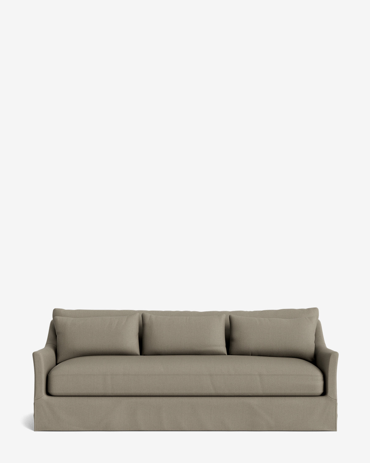 The Wilhelmina Classic Slipcover Sofa (85-110) in light brown features a skirted base and three matching back cushions, offering luxurious seating for three, by Vendixs