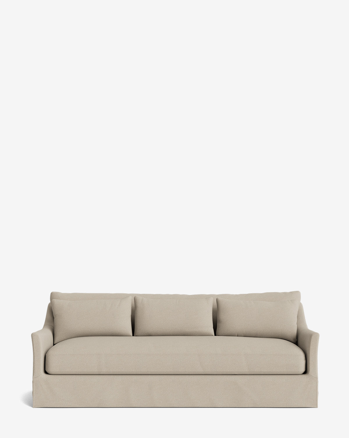 The Wilhelmina Classic Slipcover Sofa (85-110) is a beige, three-seater sofa with three back cushions and sleek armrests, set against a plain white background for a touch of luxurious comfort by Vendixs
