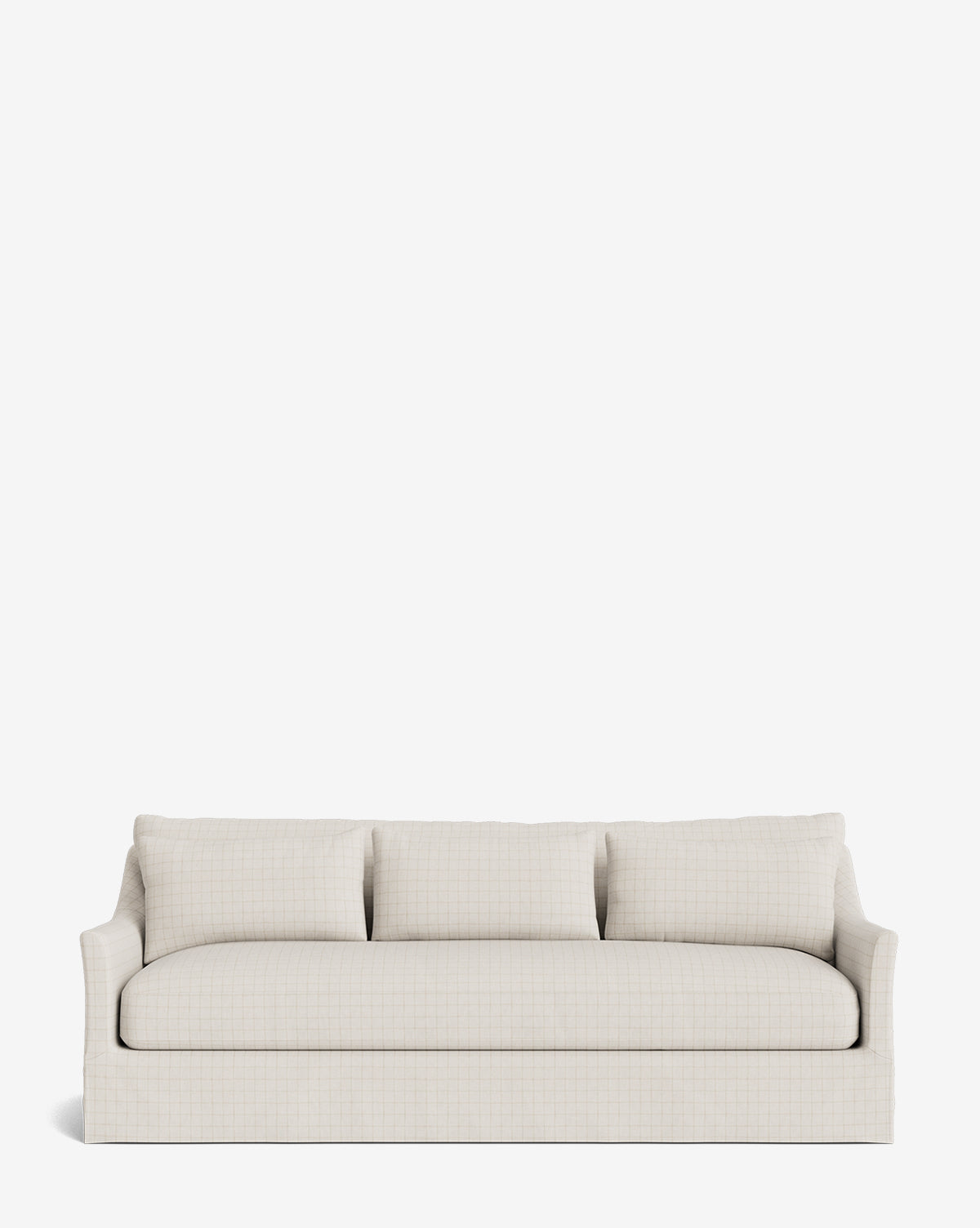 The Wilhelmina Classic Slipcover Sofa (85-110) features a modern cream color, three back cushions, and a skirted base for luxurious seating, elegantly displayed against a plain white background by Vendixs