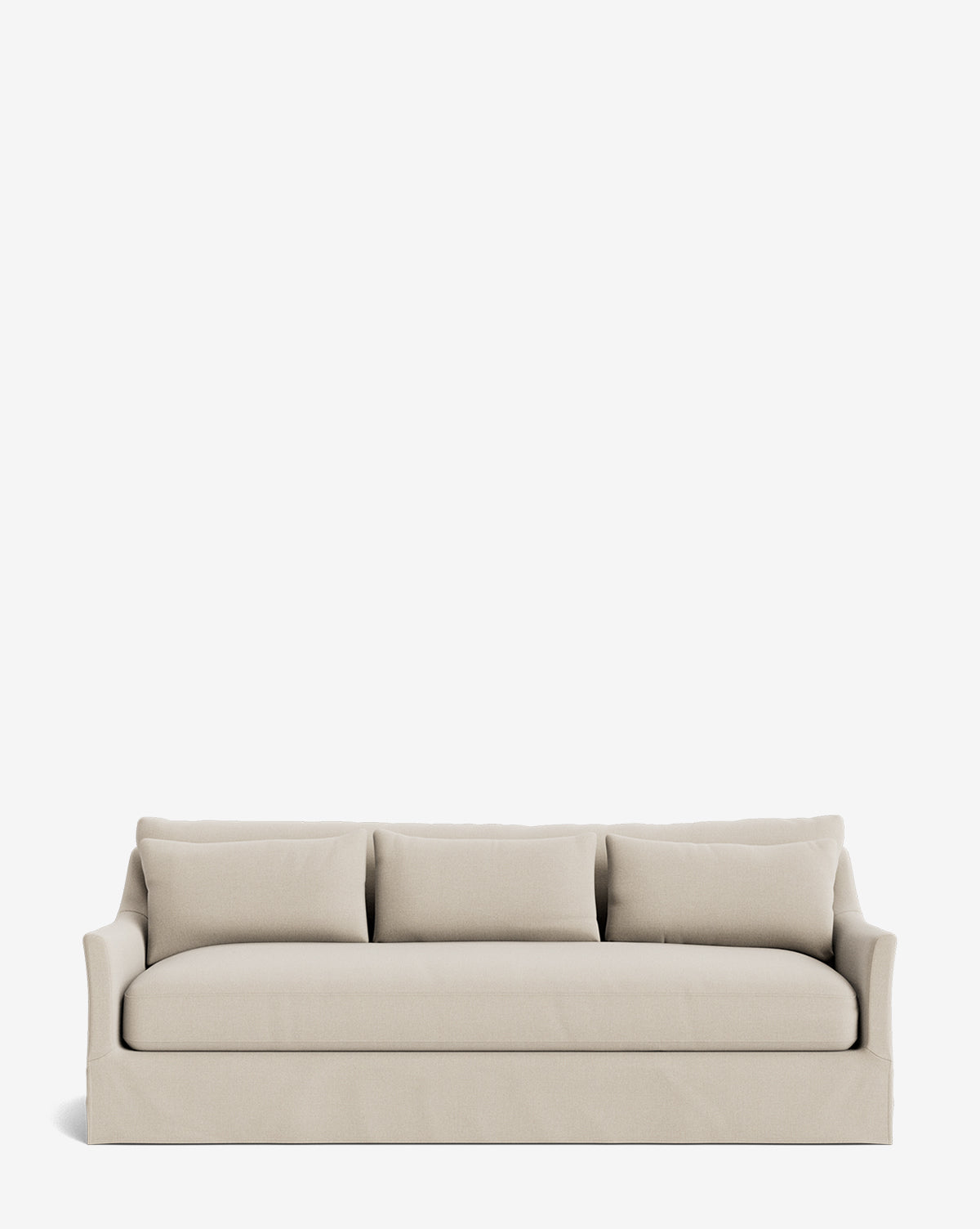 The Wilhelmina Classic Slipcover Sofa (85-110) features beige upholstery, three matching back cushions, square arms, and a minimalist design, offering luxurious comfort against a plain white background, by McGee & Co.