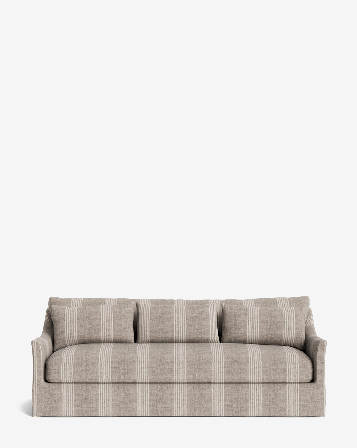 The Wilhelmina Classic Slipcover Sofa (85-110) is a beige, modern sofa with three seat cushions, white vertical stripes, low arms, and a luxurious look against a plain white background by Vendixs