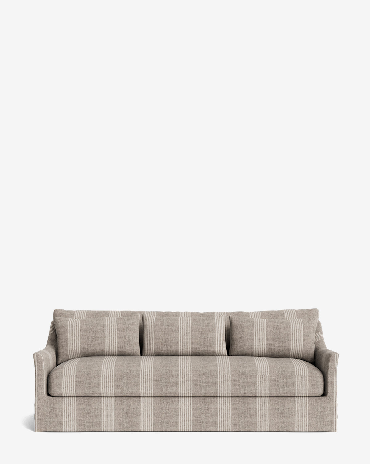 The Wilhelmina Classic Slipcover Sofa (85-110) is a beige traditional sofa with white vertical stripes, three seat cushions, and three back cushions, showcased against a plain white background for a luxurious look, by Vendixs