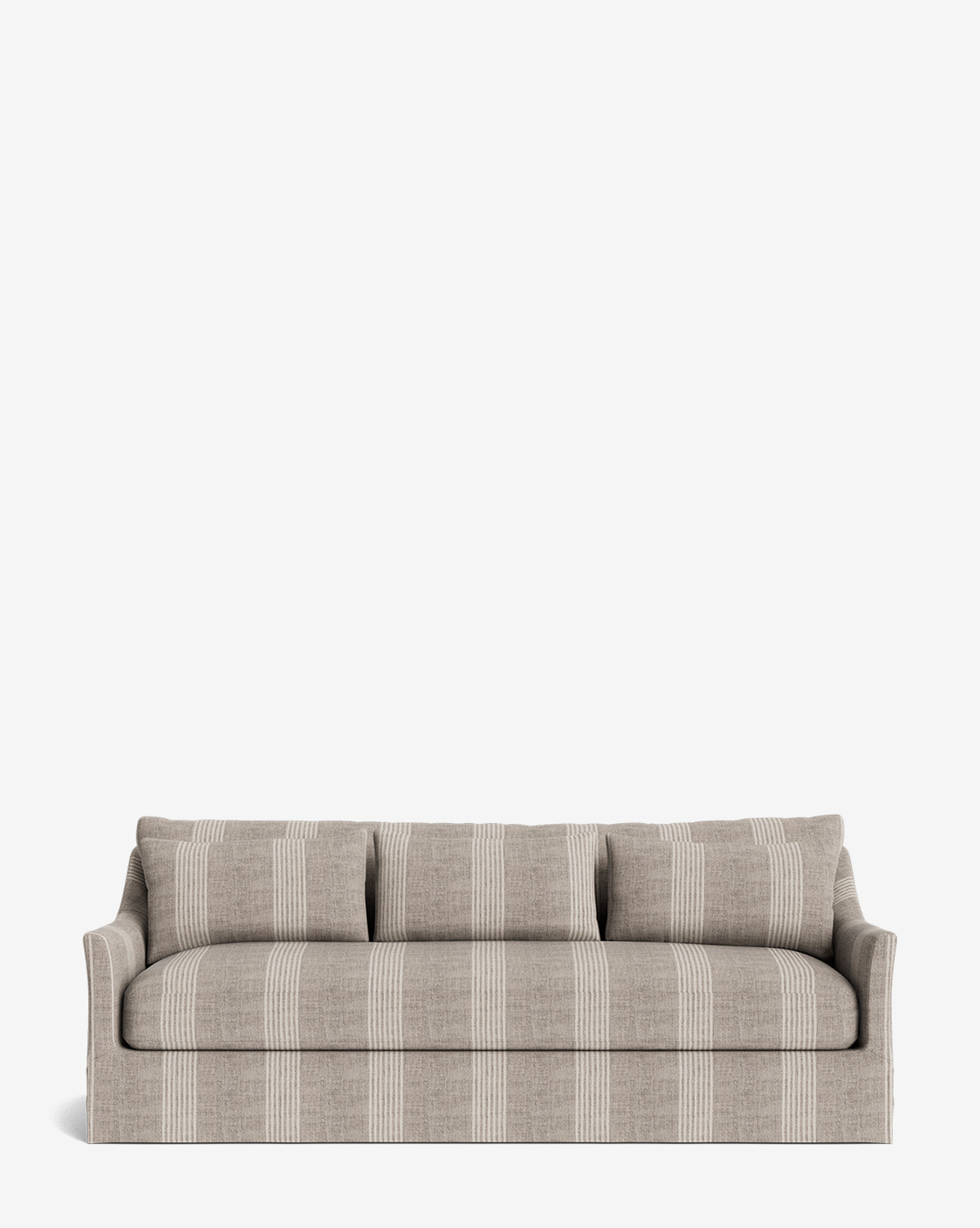 The Wilhelmina Deep Slipcover Sofa (85-110) is a beige sofa with wide armrests and three cushions, showcasing vertical and horizontal white stripes, set against a plain white background by Vendixs
