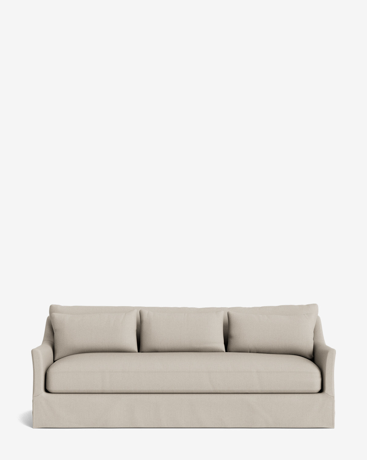 The Wilhelmina Classic Slipcover Sofa (85-110) is a beige sofa with three back cushions and a skirted base, shown on a plain white background. It features clean lines and a modern design that blends traditional elegance with contemporary style, by Vendixs