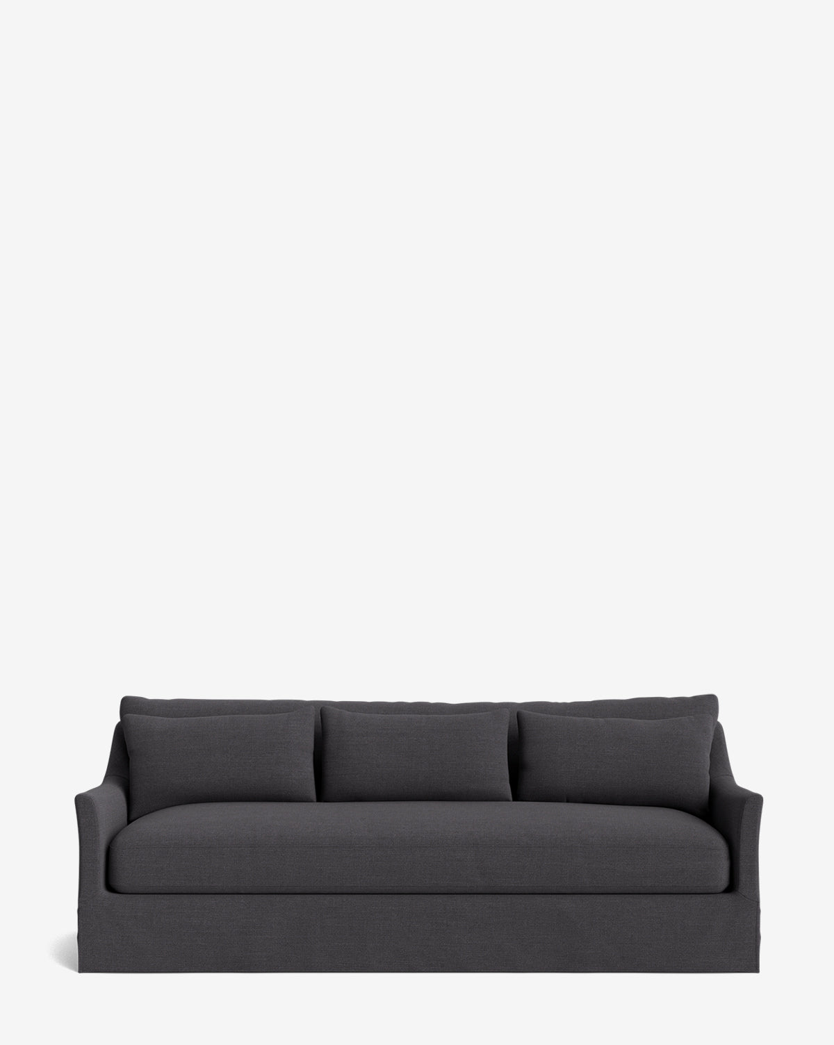 The Wilhelmina Deep Slipcover Sofa (85-110) in dark gray features three matching back cushions and gently curved armrests, providing a luxurious seat against a plain white background, by Vendixs