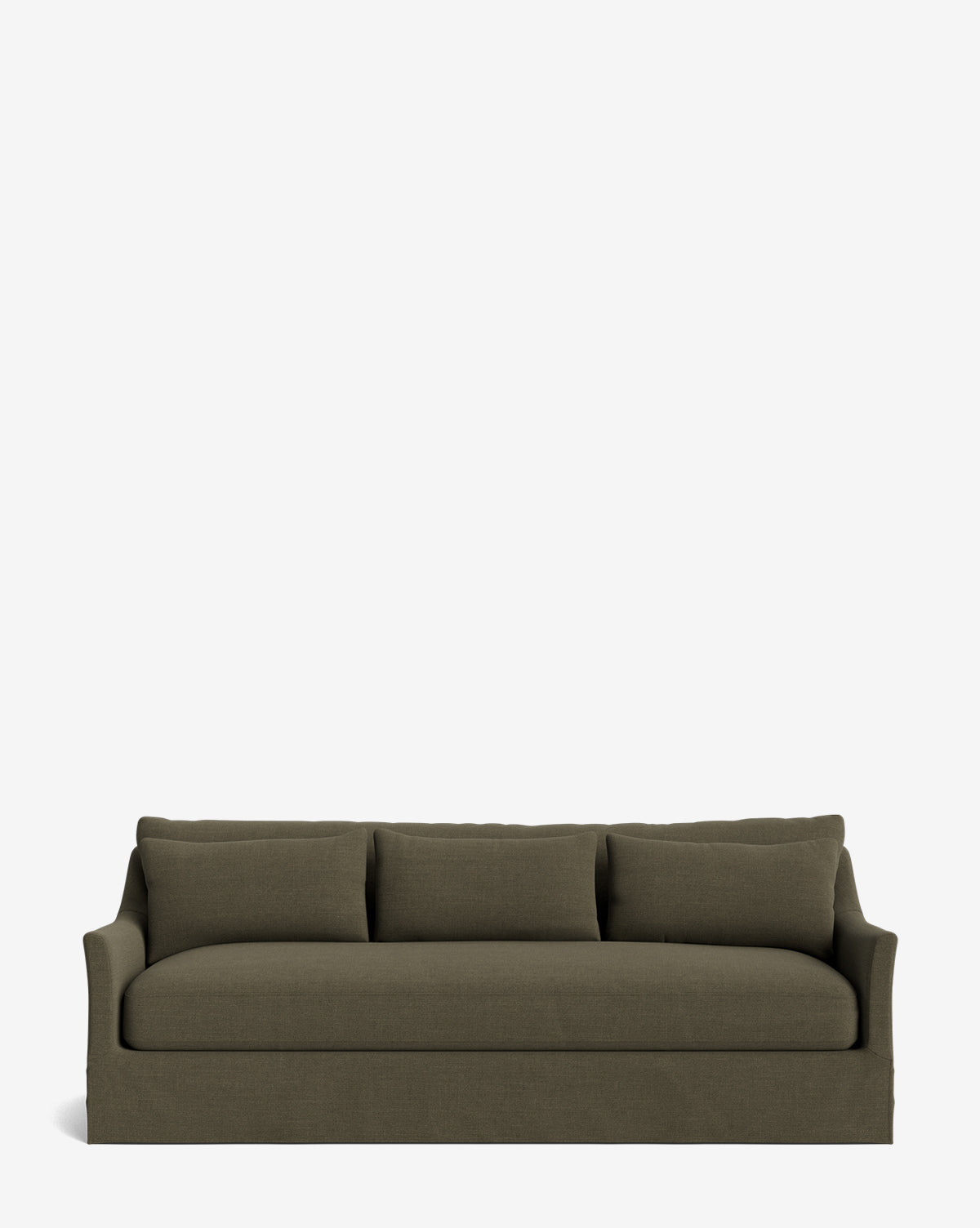 The Wilhelmina Classic Slipcover Sofa (85-110) in dark olive green features three back cushions and a tailored skirt, blending traditional style with luxurious seating for three, shown against a plain white background by Vendixs