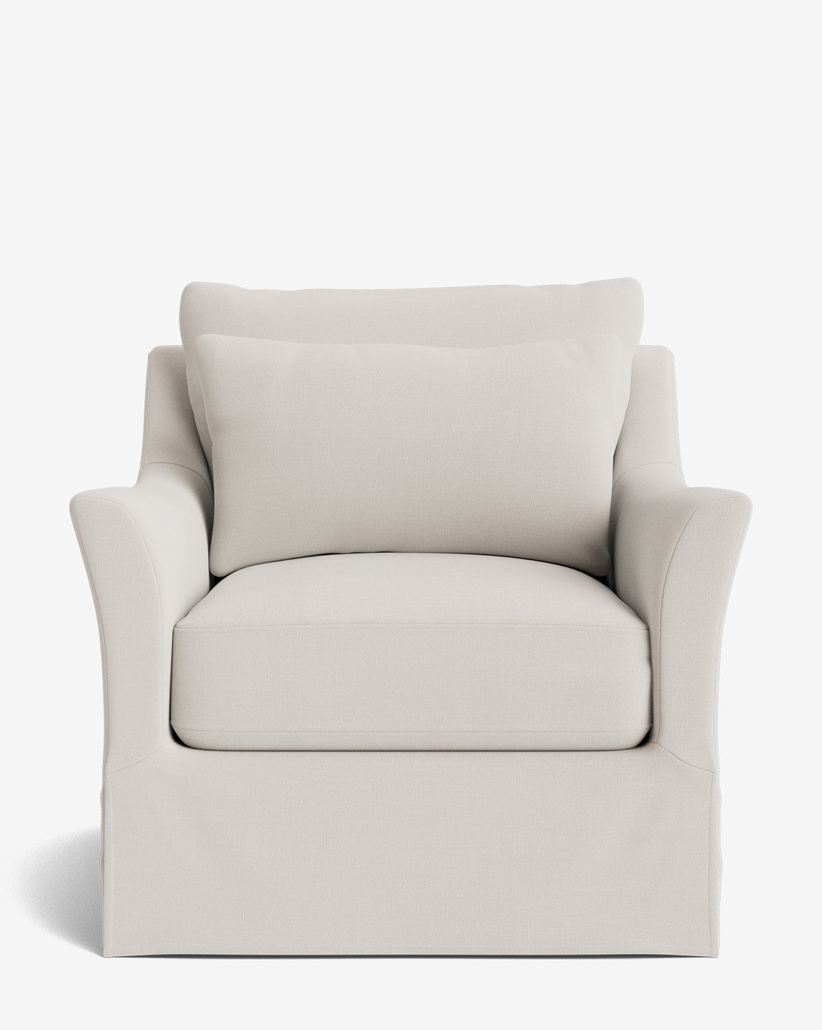 The Wilhelmina Slipcover Swivel Lounge Chair is a plush, light beige chair featuring a wide seat, soft back cushion, and gently curved armrests, shown from the front against a plain white background by Vendixs