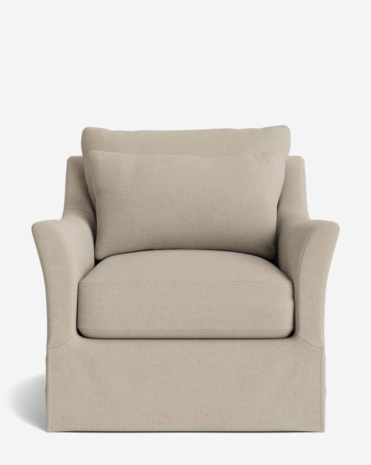 A front-facing view of the Wilhelmina Slipcover Swivel Lounge Chair in beige high-quality fabric, featuring a plush seat cushion, matching back cushion, and gently curved armrests against a plain white background, by Vendixs