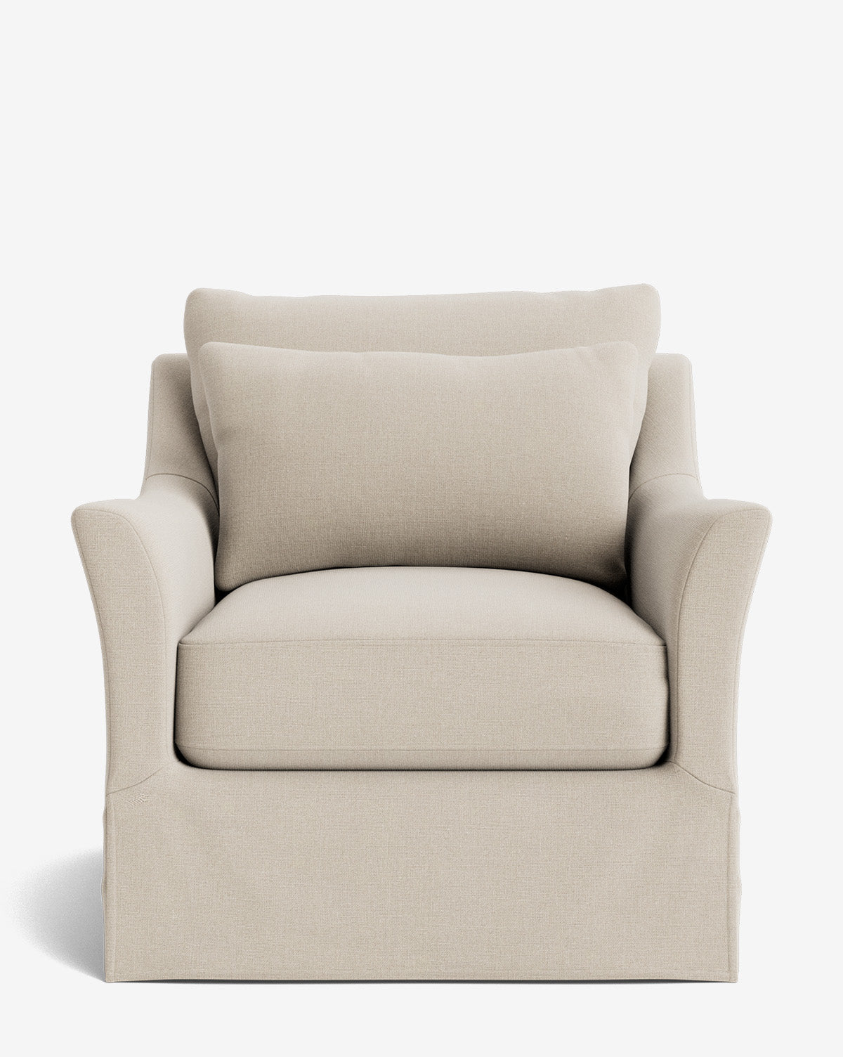 The Wilhelmina Slipcover Swivel Lounge Chair features a beige upholstered design with a deep seat, wide armrests, and a large matching back cushion, crafted from high-quality fabric and displayed against a white background, by Vendixs