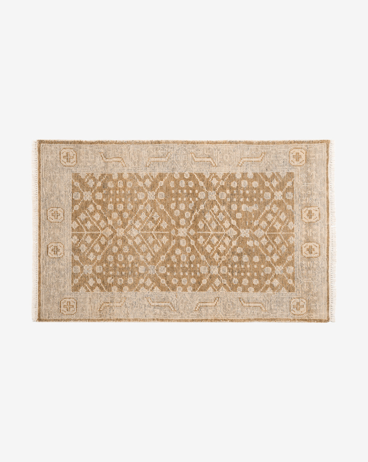 The Windsor Hand-Knotted Wool Rug features a rectangular shape with a beige and tan geometric center pattern, framed by a lighter border with subtle decorative motifs, shown on a white background, by Vendixs