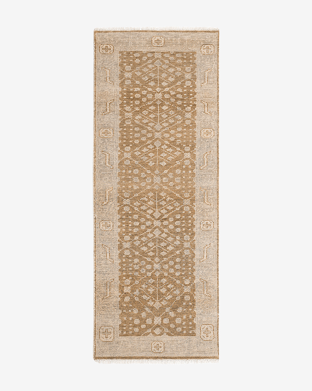 The Windsor Hand-Knotted Wool Rug is rectangular in beige and tan, features a geometric central pattern, decorative border with stylized motifs, and has fringed edges on the shorter sides, by Vendixs