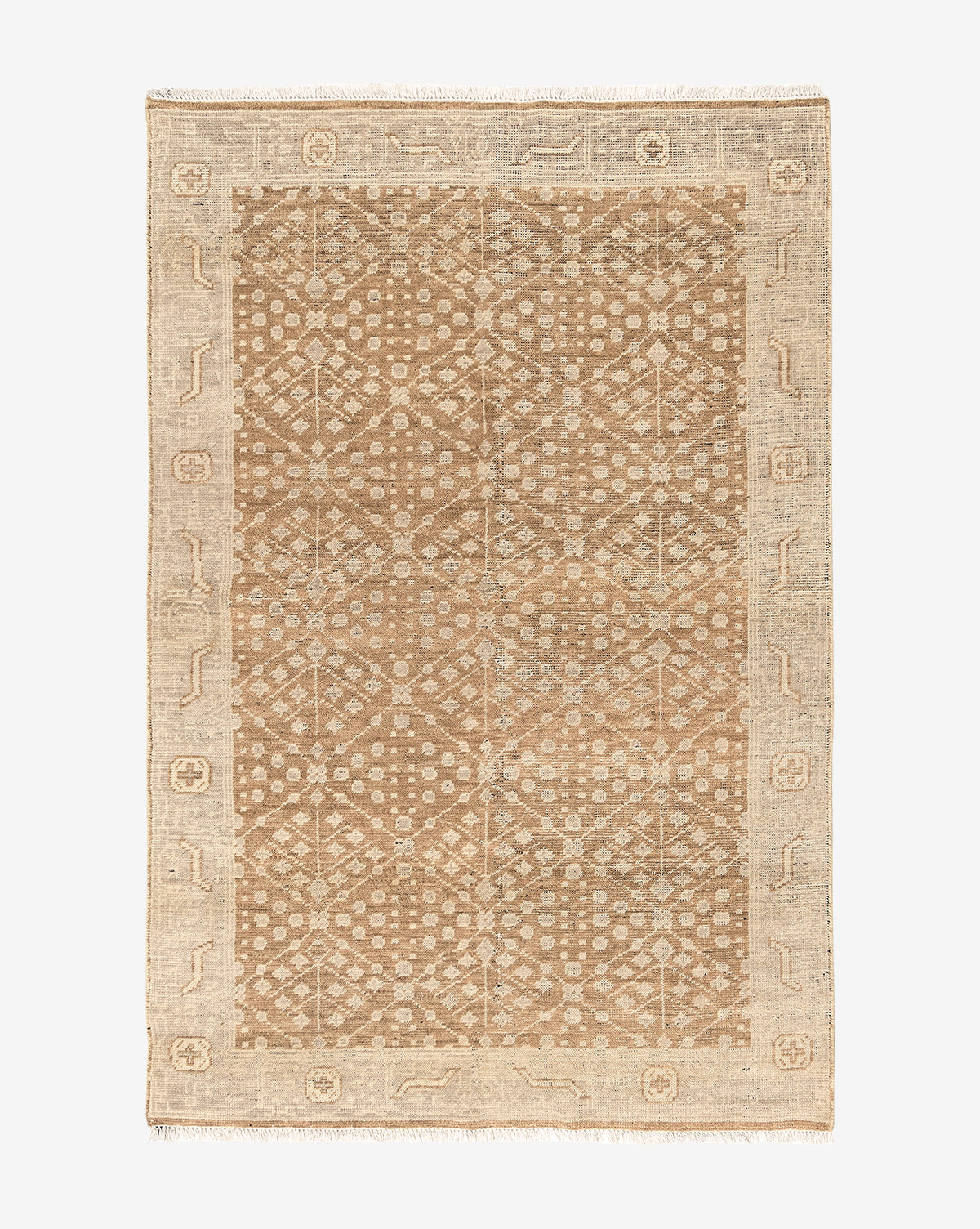 The Windsor Hand-Knotted Wool Rug in beige and light brown showcases a detailed central pattern, contrasting border with simple motifs, and short fringe—crafted from wool for lasting style and durability, by Vendixs