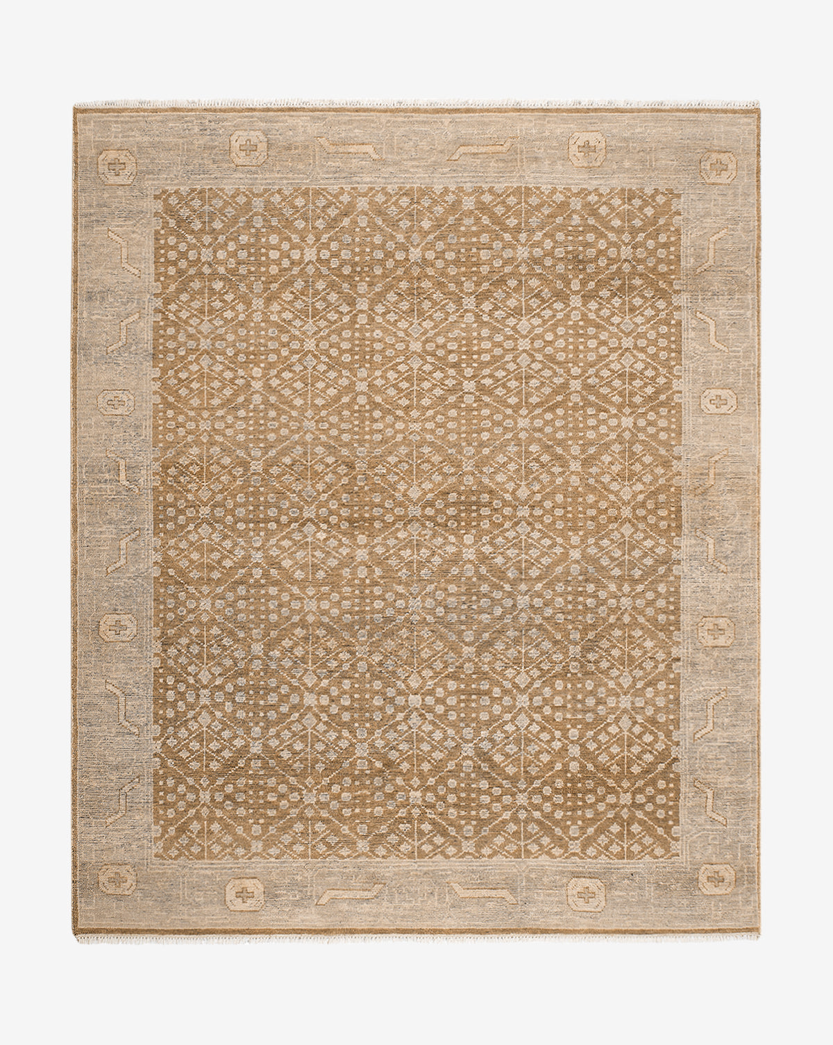 The Windsor Hand-Knotted Wool Rug is square, in beige and tan, with a central geometric diamond and floral pattern, framed by a wide border of abstract shapes and motifs, by Vendixs