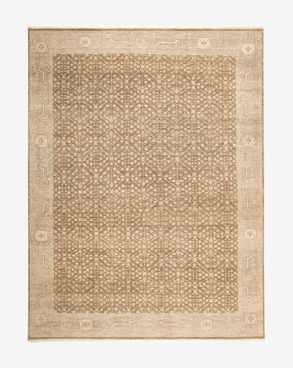 The Windsor Hand-Knotted Wool Rug is a rectangular tan and beige wool rug featuring an intricate geometric center pattern and a wide border with subtle floral and linear details, by Vendixs