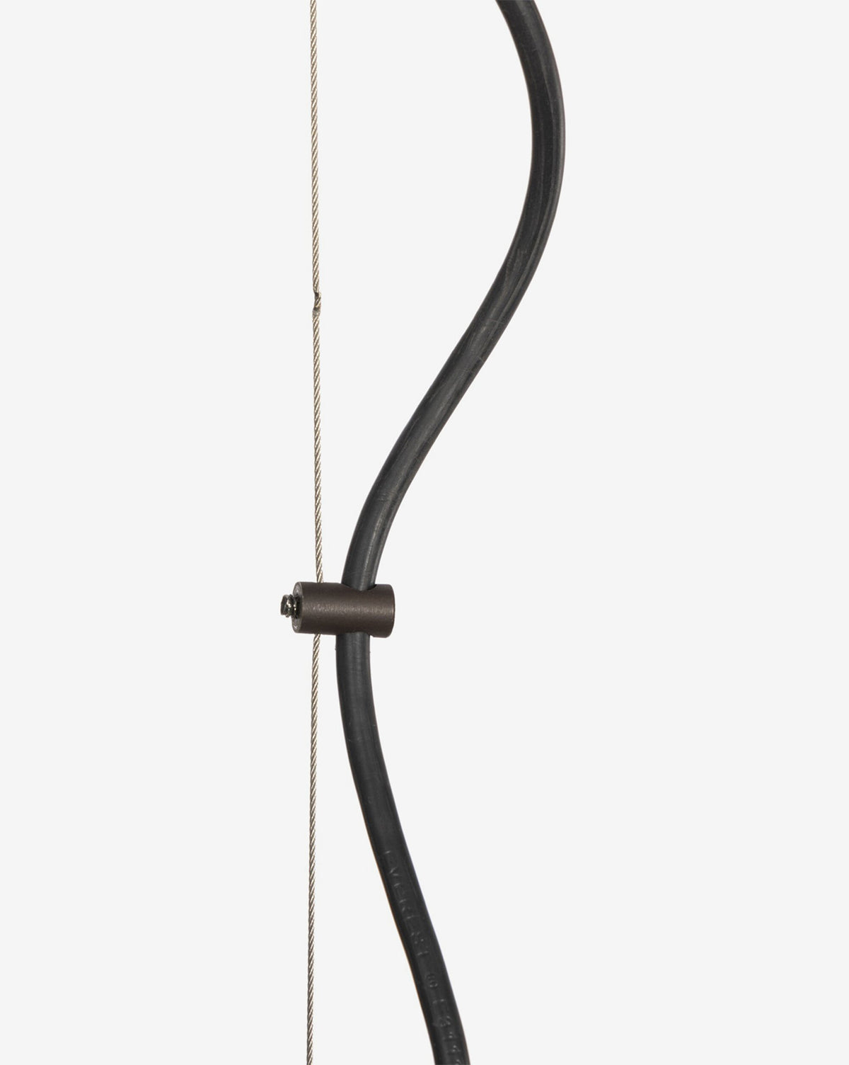 A close-up of a traditional recurve bow with a curved black limb, taut string, and a Winslet Pendant metal fitting connecting the limb to the string against a plain white background, by Vendixs