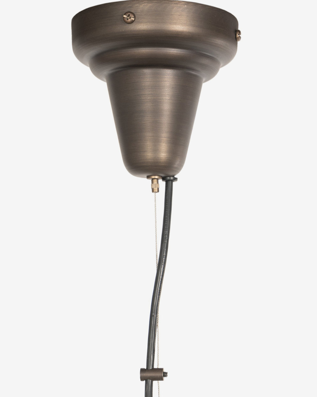 Close-up of the Winslet Pendant's bronze canopy in a conical shape, mounted to the ceiling with black wiring—ideal for modern lighting or pairing with a linen shade, by Vendixs