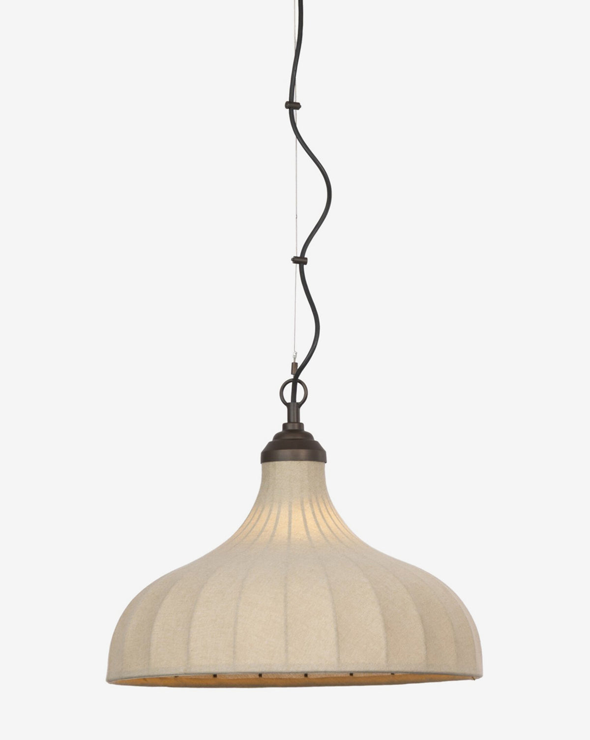 The Winslet Pendant features a beige, dome-shaped design with a pleated linen shade and black cord, suspended against a white background—an ideal modern lighting choice for any space, by Vendixs