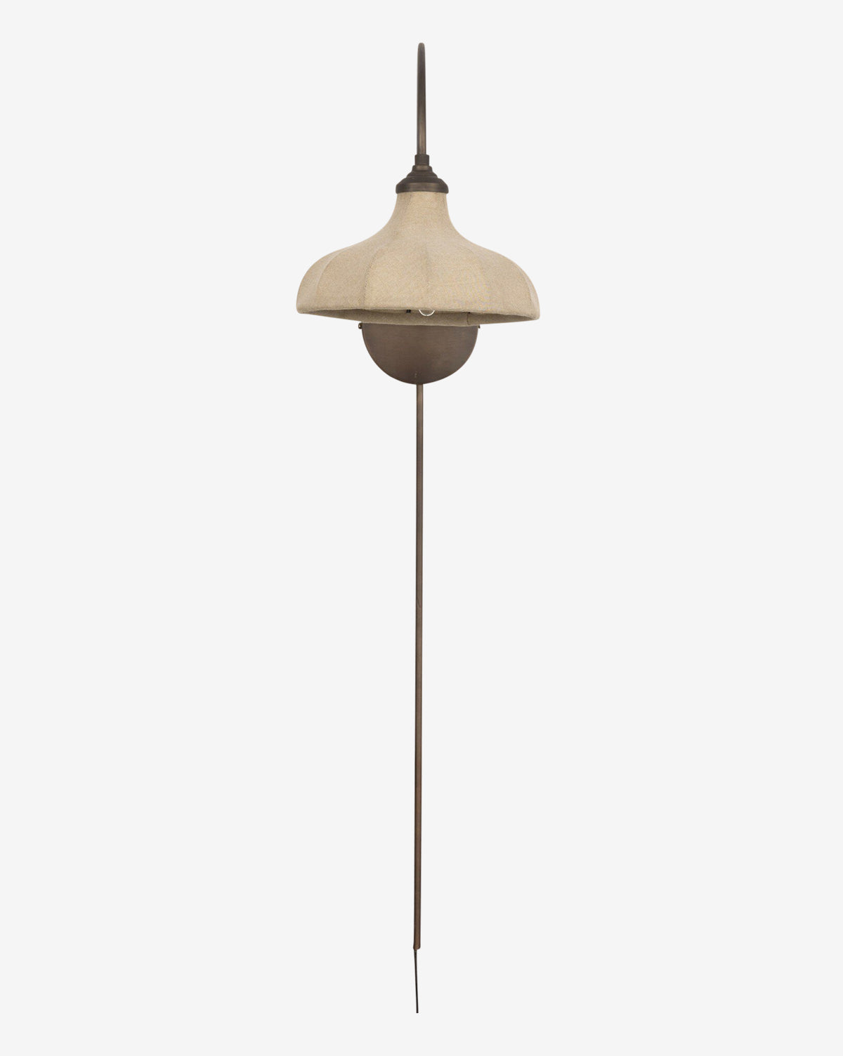 The Winslet Sconce is a vintage outdoor garden light featuring a beige, mushroom-shaped linen shade, a dark metal base, and a long stake for easy ground placement, by Vendixs