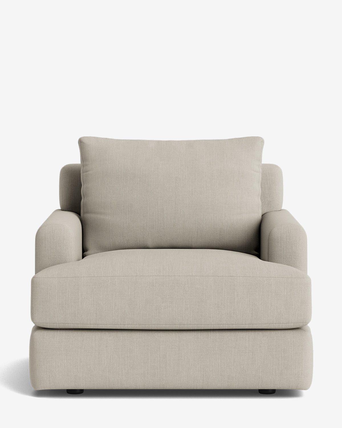 The Makerspalm Winthrop Lounge Chair features beige upholstery, a wide cushioned seat and backrest, rounded armrests, and a modern minimalist design in customizable fabric, displayed against a white background. Vendixs