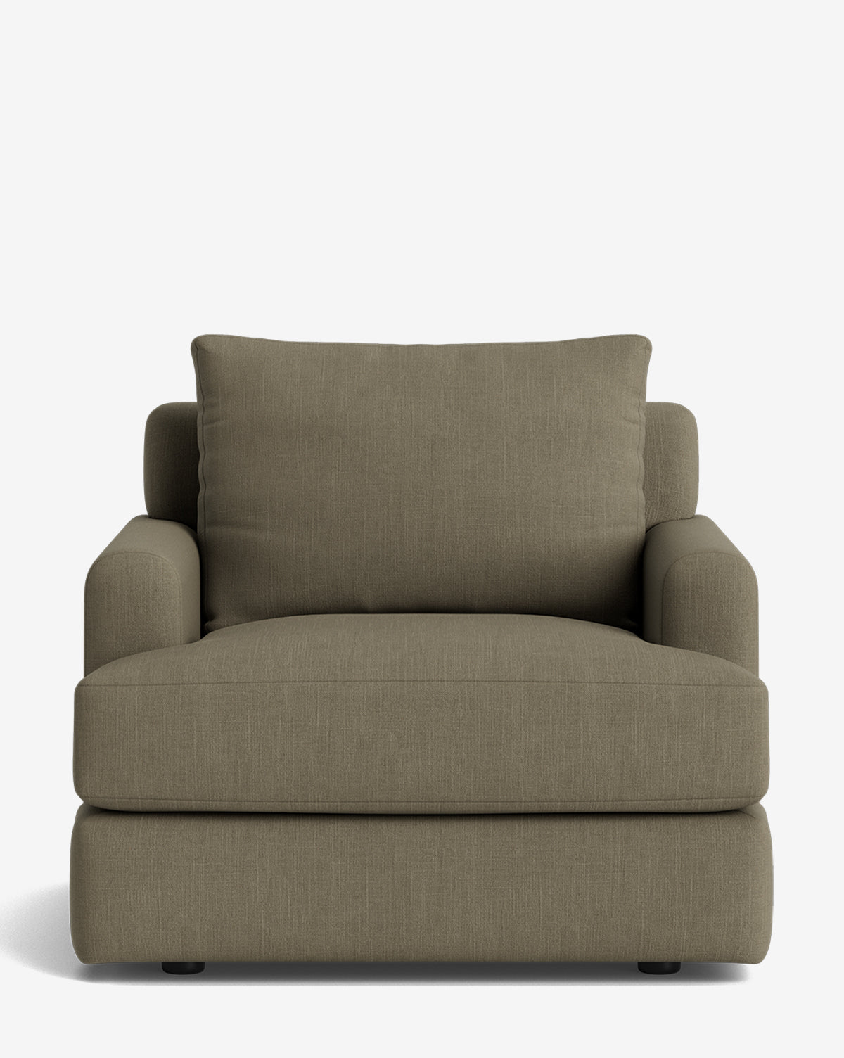 The Winthrop Lounge Chair, shown in olive-green upholstery with a thick seat cushion, plush backrest, and rounded armrests against a white background, offers modern comfort and style, by McGee & Co.