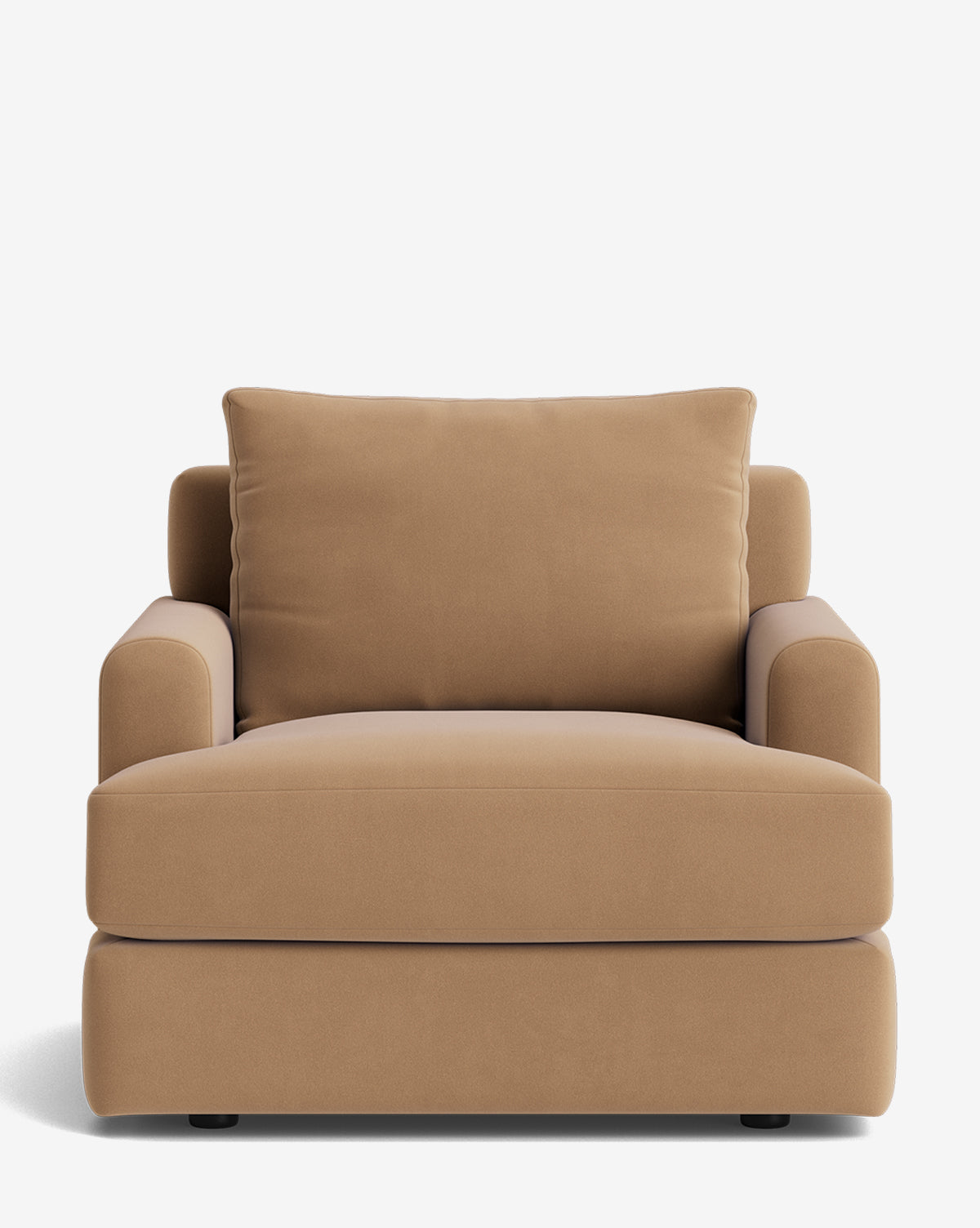 The Winthrop Lounge Chair is a wide, modern lounge chair with light brown, soft fabric upholstery, a thick seat cushion, rounded armrests, and a large matching back cushion on a plain white background by Vendixs