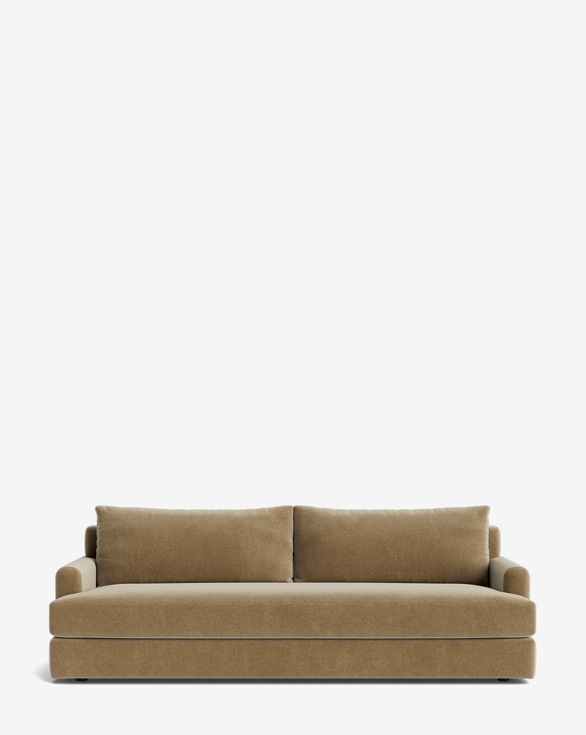 A modern, tan upholstered Winthrop Sofa 90 with two large back cushions and wide armrests, seen from the front against a plain white background by Vendixs