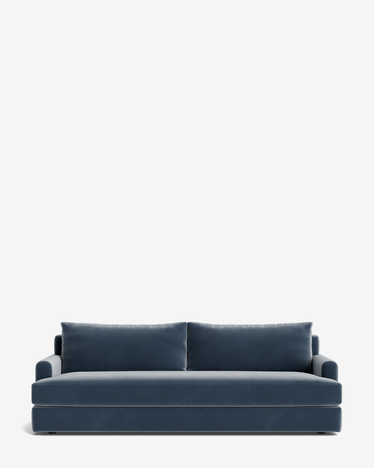 The Winthrop Sofa 90 in blue velvet has two large seat cushions and two backrest pillows, displayed on a plain white background, by Vendixs
