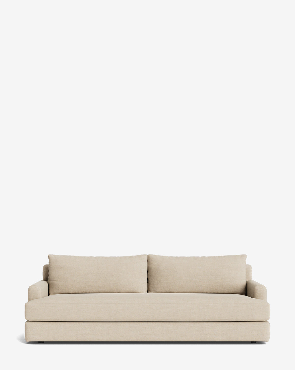 The Winthrop Sofa 90 is a beige, contemporary piece with two large back cushions and low, square armrests, showcased against a plain white background, by Vendixs