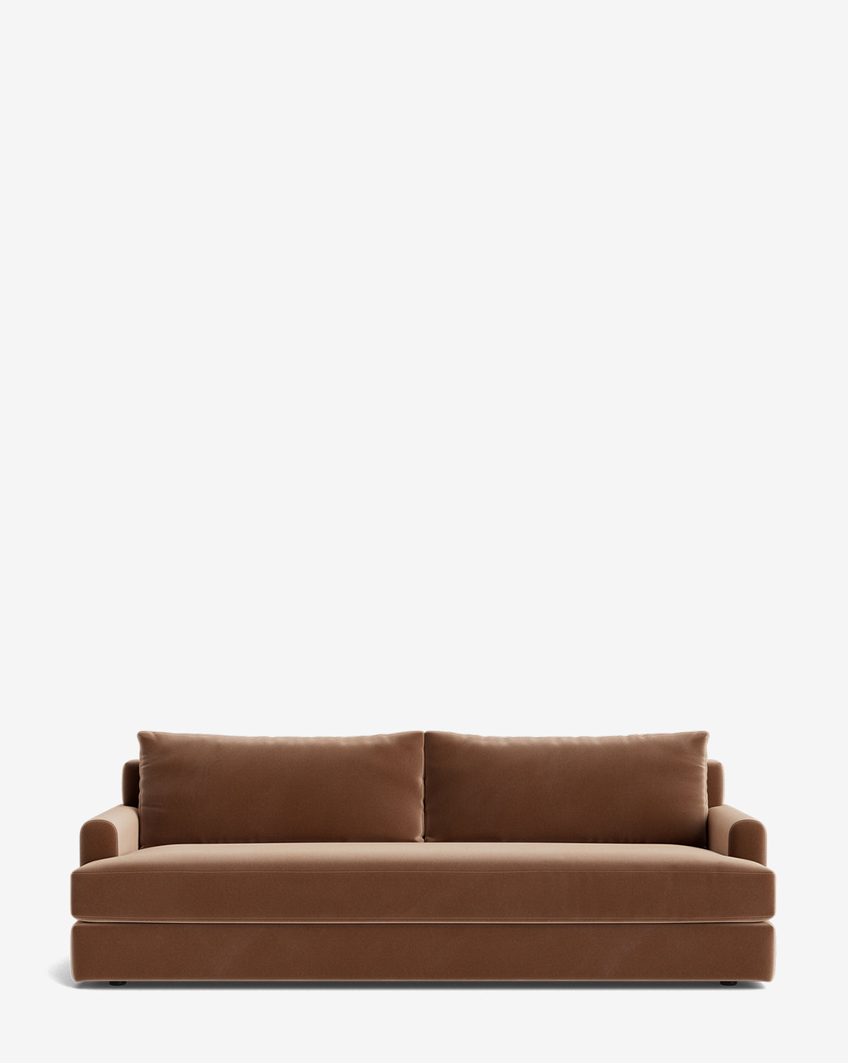 A modern, made-to-order Winthrop Sofa 90 with two large back cushions and wide armrests, set against a plain white background by Vendixs