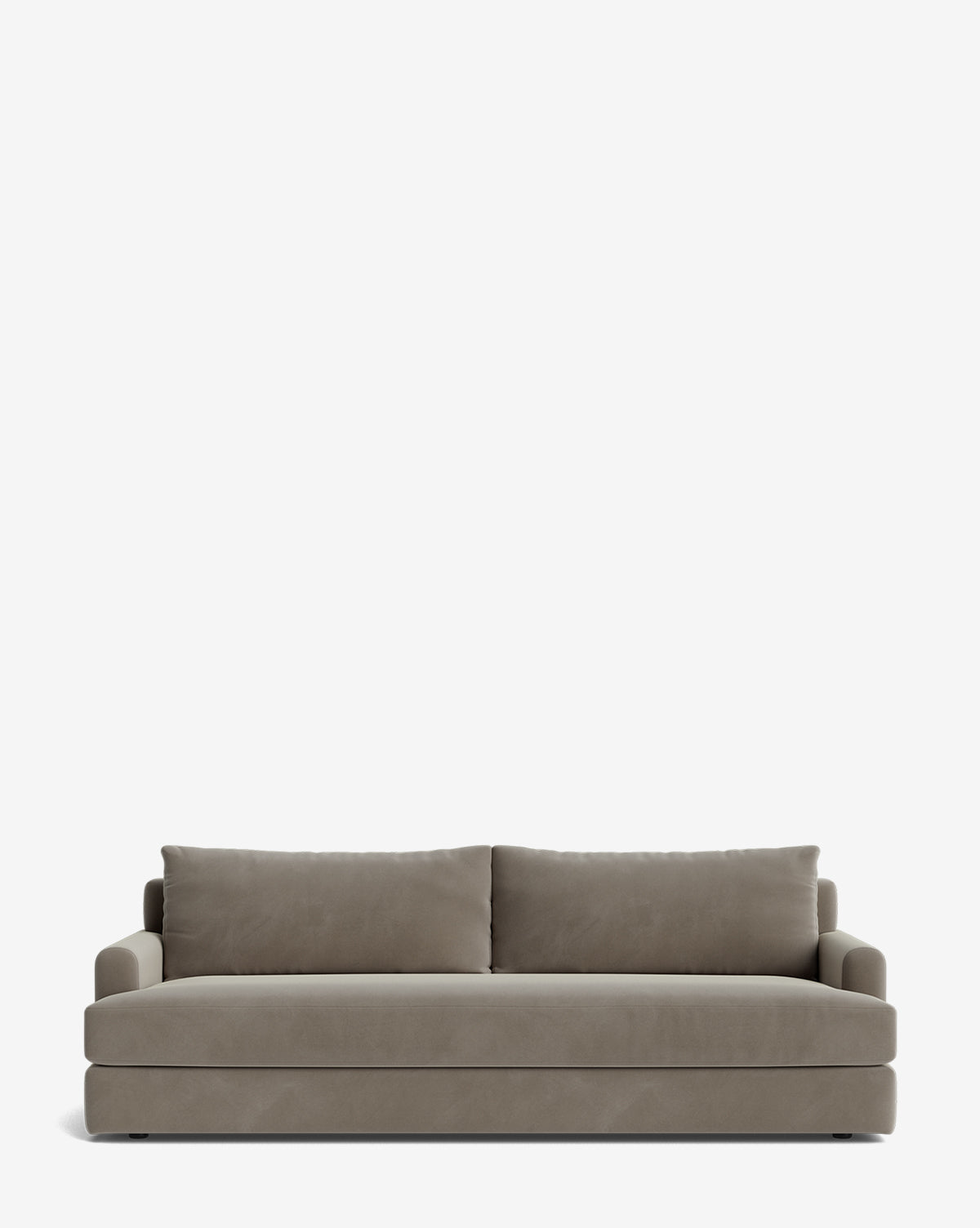 The Winthrop Sofa 90 is a modern, rectangular sofa in taupe with two large seat cushions and two backrest pillows, shown against a plain white background, by Vendixs