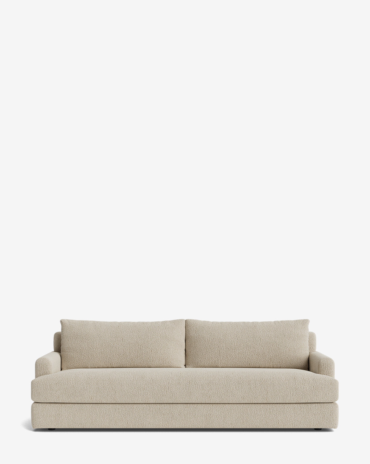 The Winthrop Sofa 90 is a beige, made-to-order sofa with two seat and two large back cushions, straight arms, and a minimalist design, shown against a plain white background by Vendixs
