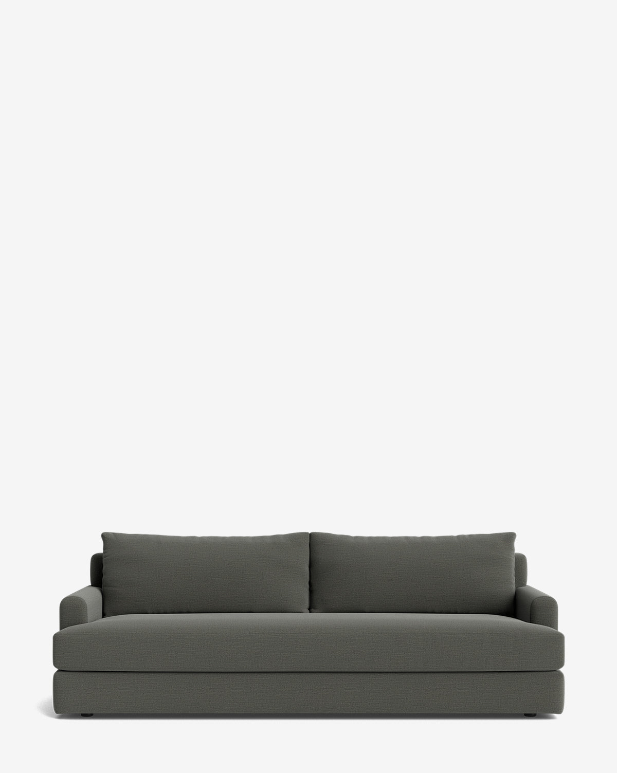 The Winthrop Sofa 90 is a modern, dark gray upholstered contemporary sofa with two seat cushions and two backrest pillows, shown from the front against a plain white background, by Vendixs