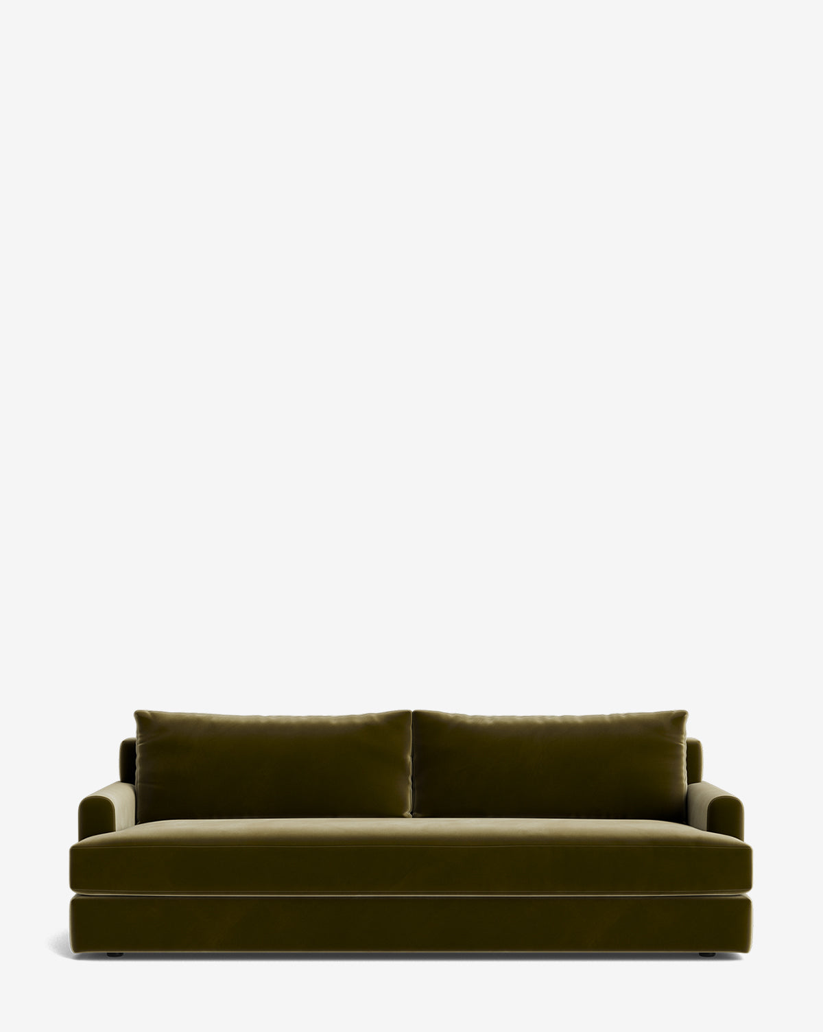 The Winthrop Sofa 90 is a modern olive green velvet, made-to-order sofa with two large seat cushions and matching back pillows, shown against a plain white background by Vendixs