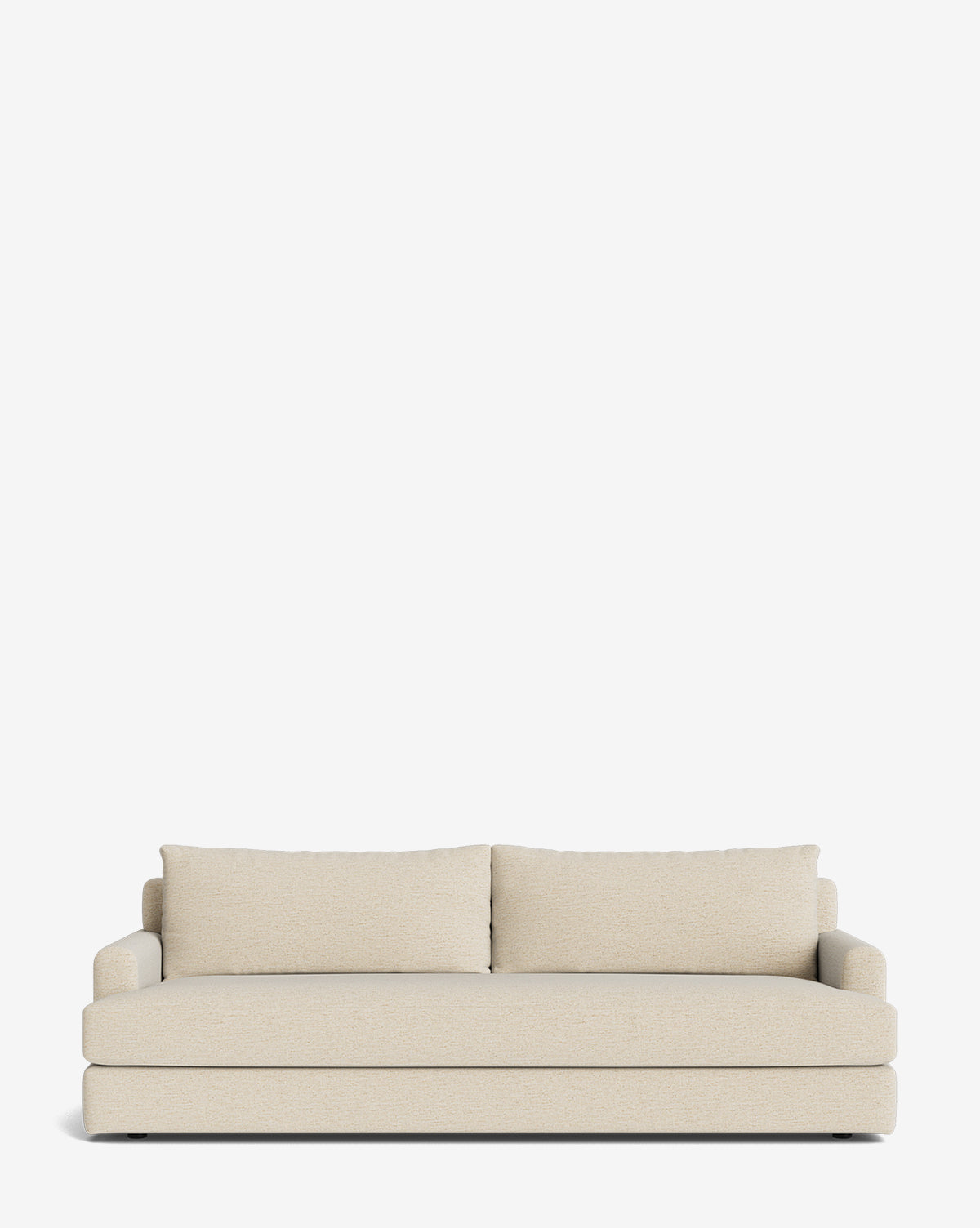 The Winthrop Sofa 90 is a modern beige sofa with two seat cushions, large backrest pillows, and low armrests—its minimalist design makes it ideal as a made-to-order piece set against a plain white background, by Vendixs