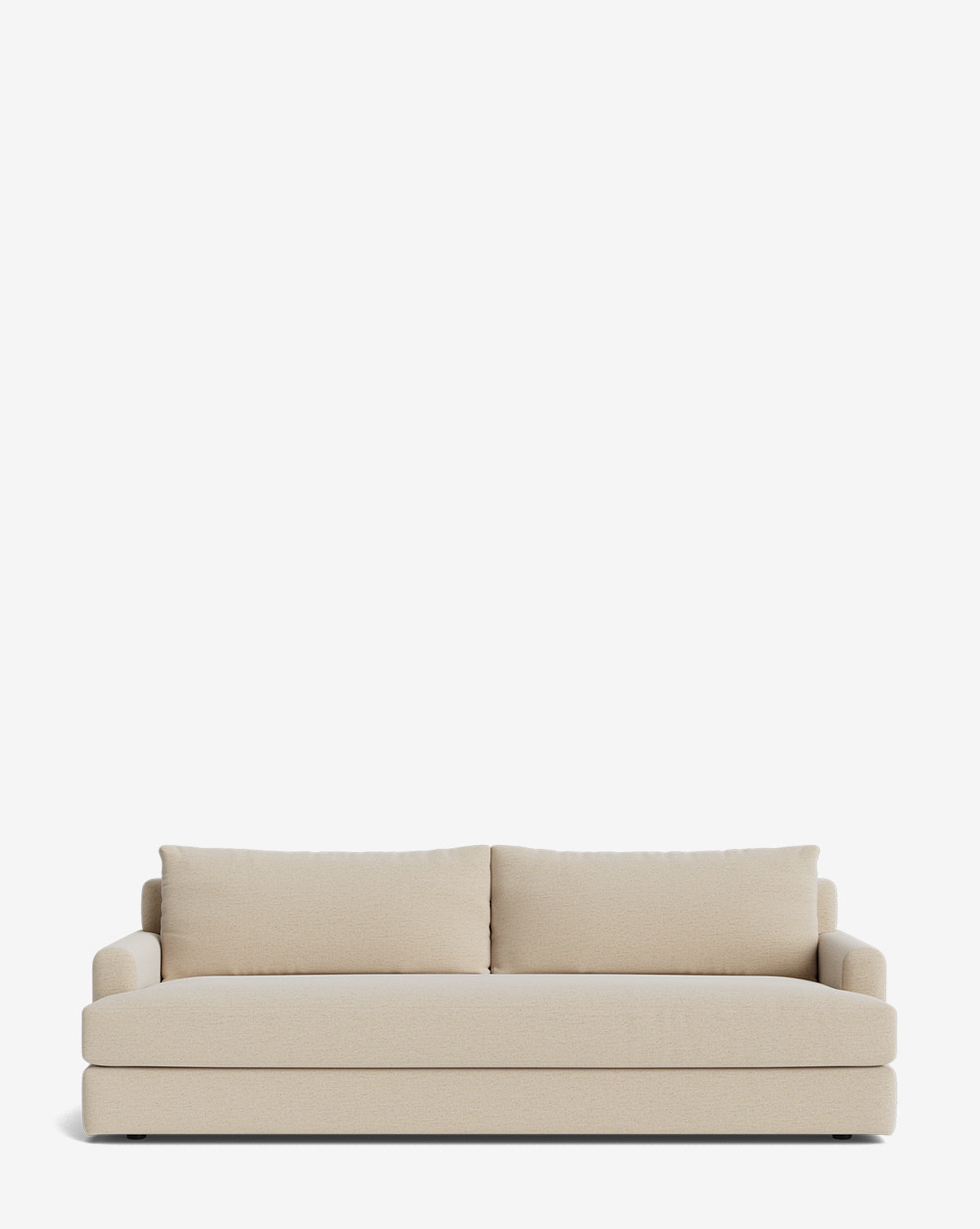 The Winthrop Sofa 90 is a modern, light beige sofa with two back cushions and low, wide arms shown against a plain white background. Its design is simple and contemporary, by Vendixs