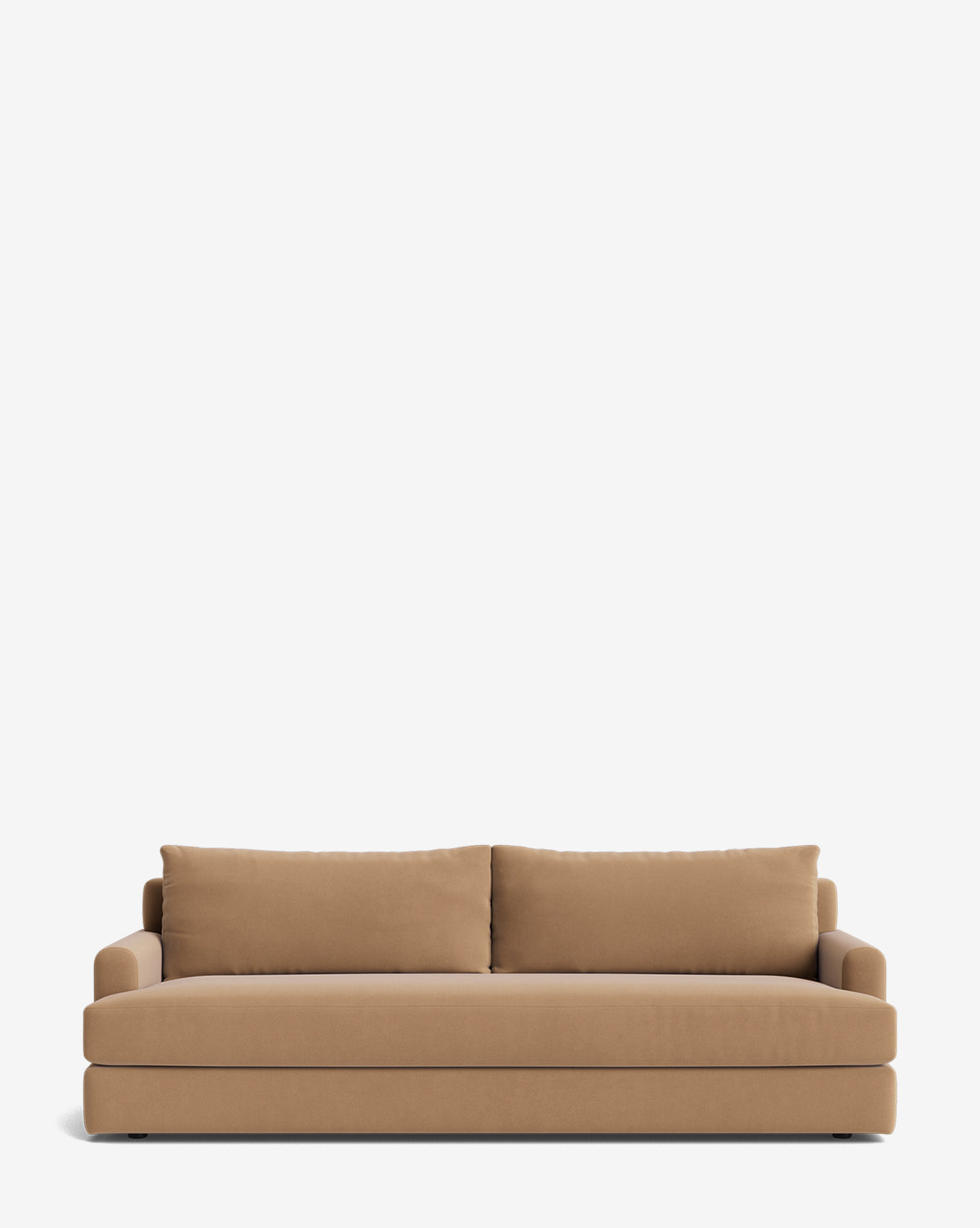 The Winthrop Sofa 90 is a modern, tan, made-to-order sofa featuring two large back cushions and low straight arms, shown against a plain white background by Vendixs