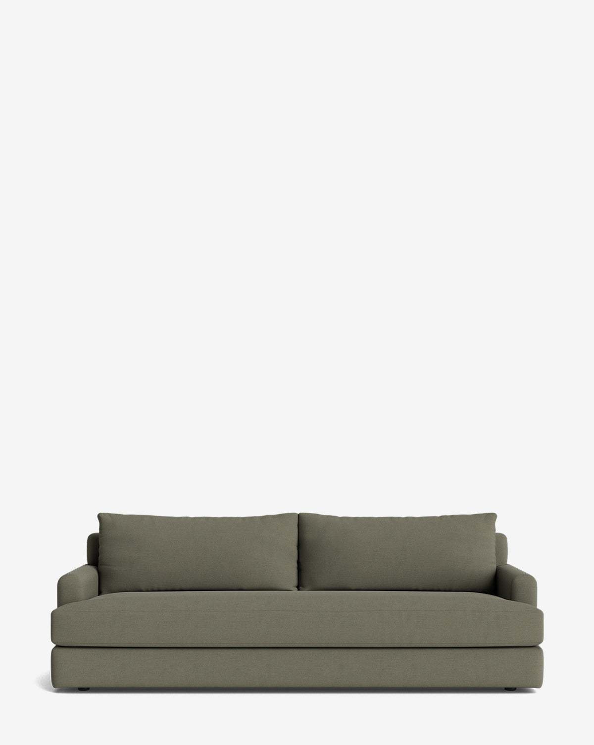 A modern olive green Winthrop Sofa 90 with two large back cushions and wide armrests, shown against a plain white background. This made-to-order sofa offers a minimalist, contemporary design, by Vendixs