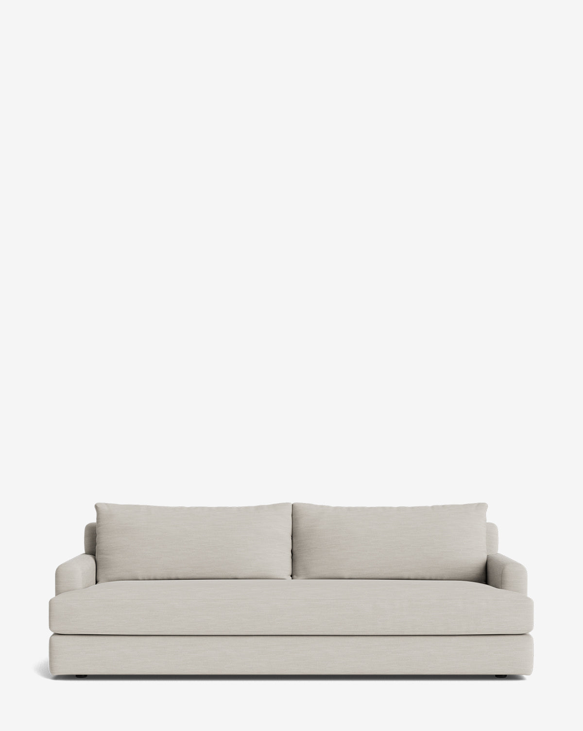 The Winthrop Sofa 90 is a modern, light gray sofa with two large back cushions and low armrests. This made-to-order piece features a clean, minimalist design and is shown against a plain white background, by Vendixs