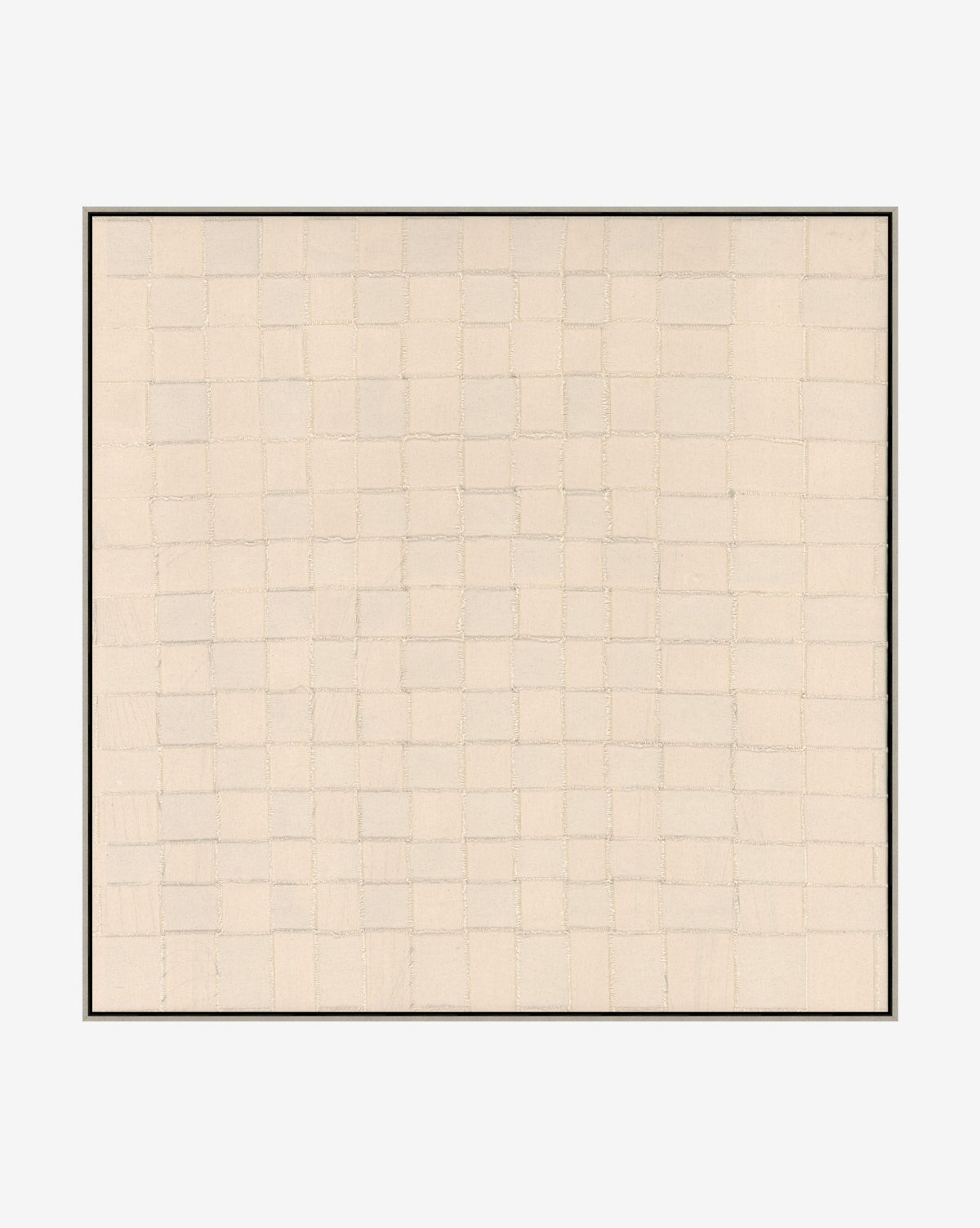 Woven Neutrals is a minimalist, textured art piece featuring a grid of uneven off-white squares on a cream background with a thin black frame, evoking the look of woven neutrals through subtle color and alignment variations, by Vendixs