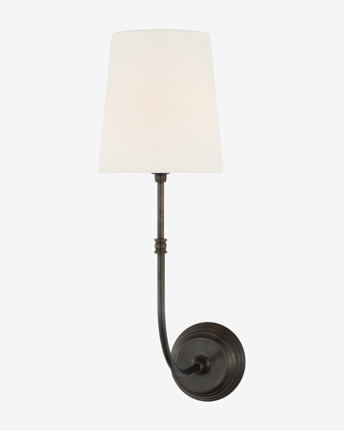 The Wyatt Sconce by Visual Comfort & Co. Signature features a metal design with a round dark base, curved arm, and white linen shade—offering modern elegance and timeless style for any space. Vendixs